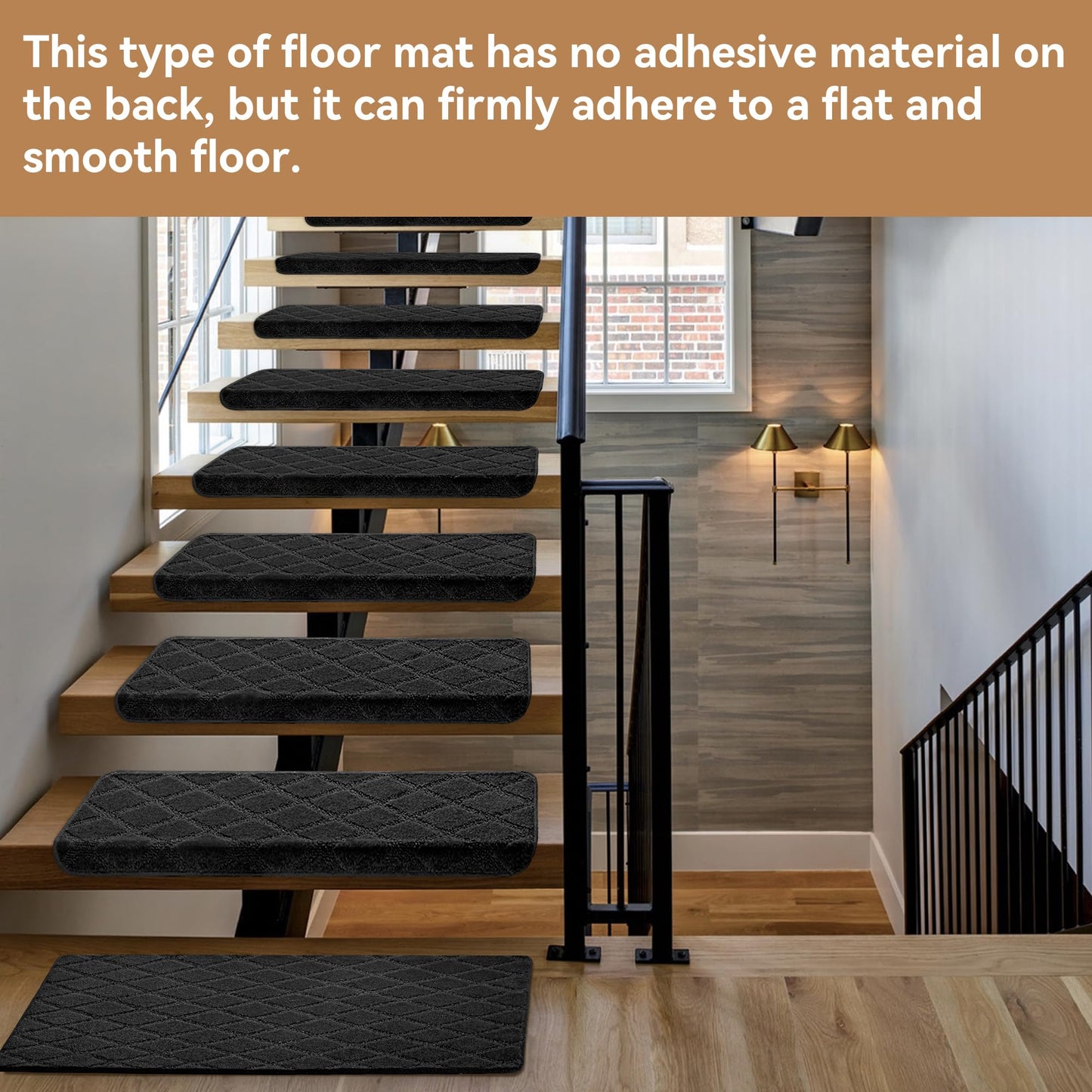NEKL Bullnose Stair Landing mat, Peel and Stick Carpet Stair Treads for Wooden Steps Indoor with Adhesive Non-Slip Backing - Diamond Pattern - Black