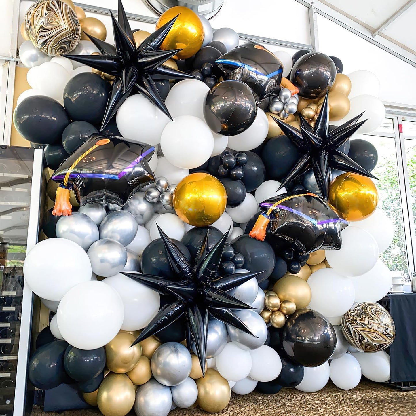 PartyWoo Black Star Foil Balloons 6pcs Different Sizes Pack of 27 22 Inch Large Black Starburst Spike Mylar Balloons for Graduation Birthday Retirement Anniversary Space Theme Party Decorations