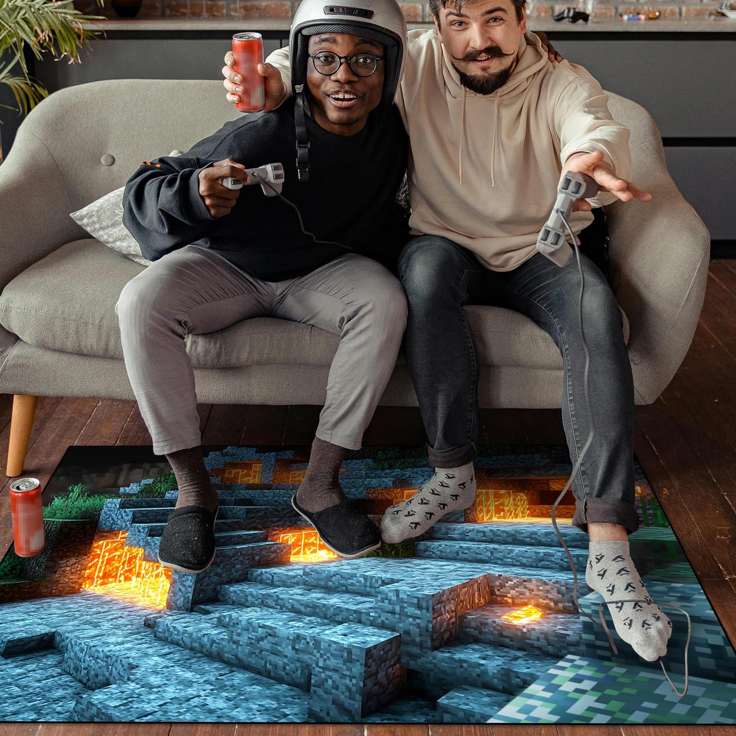 Block Game Rug Teen Kids Carpet, Pixel Games Scene Decoration Mat, Washable Game Rugs for Boy’s Bedroom Living Room Playroom, Non-Slip Children Gaming Area Rugs (Blue Rock Lava, 60" x 40")