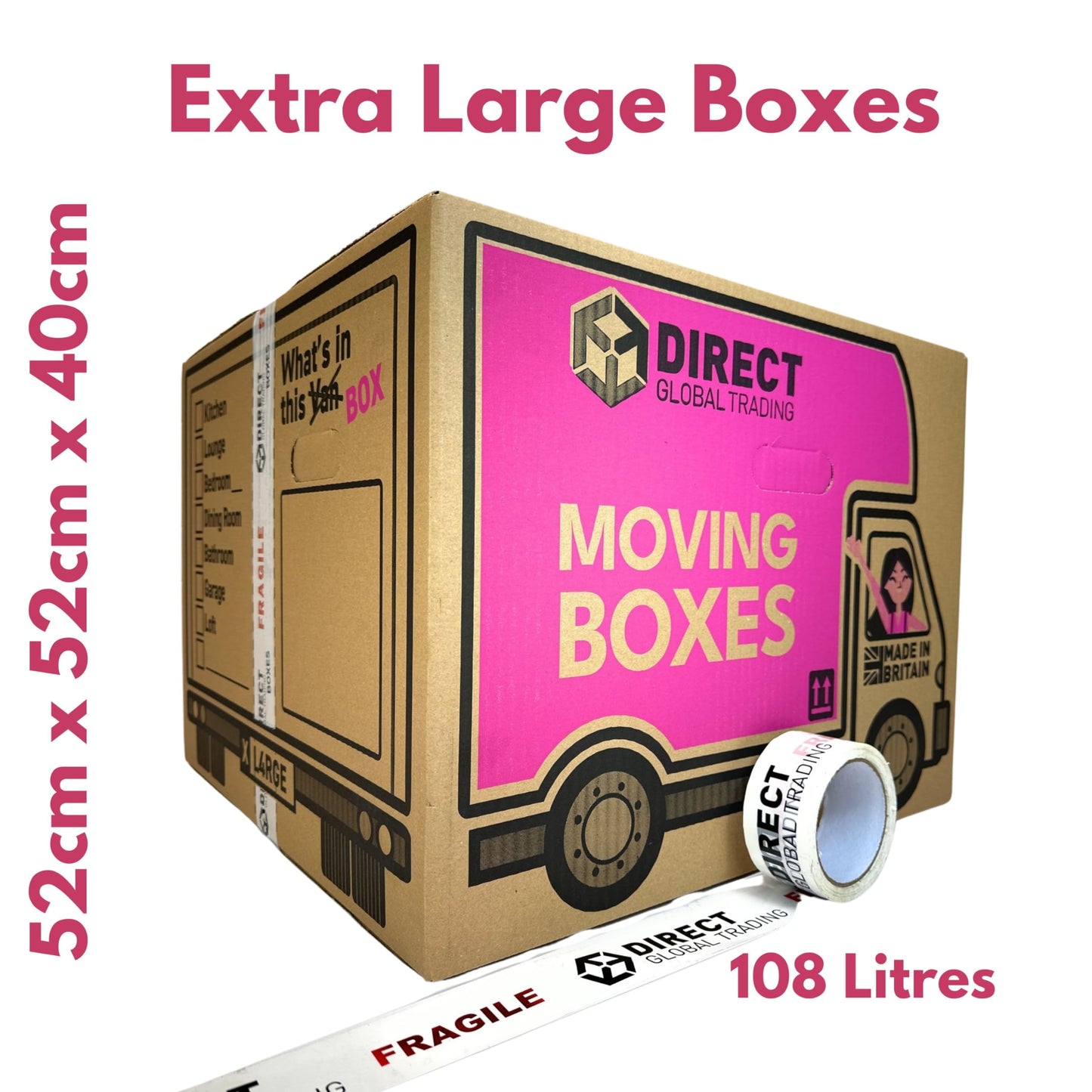10 Strong Extra Large Cardboard Storage Packing Moving House Boxes with Carry Handles and Room List 66 Metres Fragile Tape 52cm x 52cm x 40cm