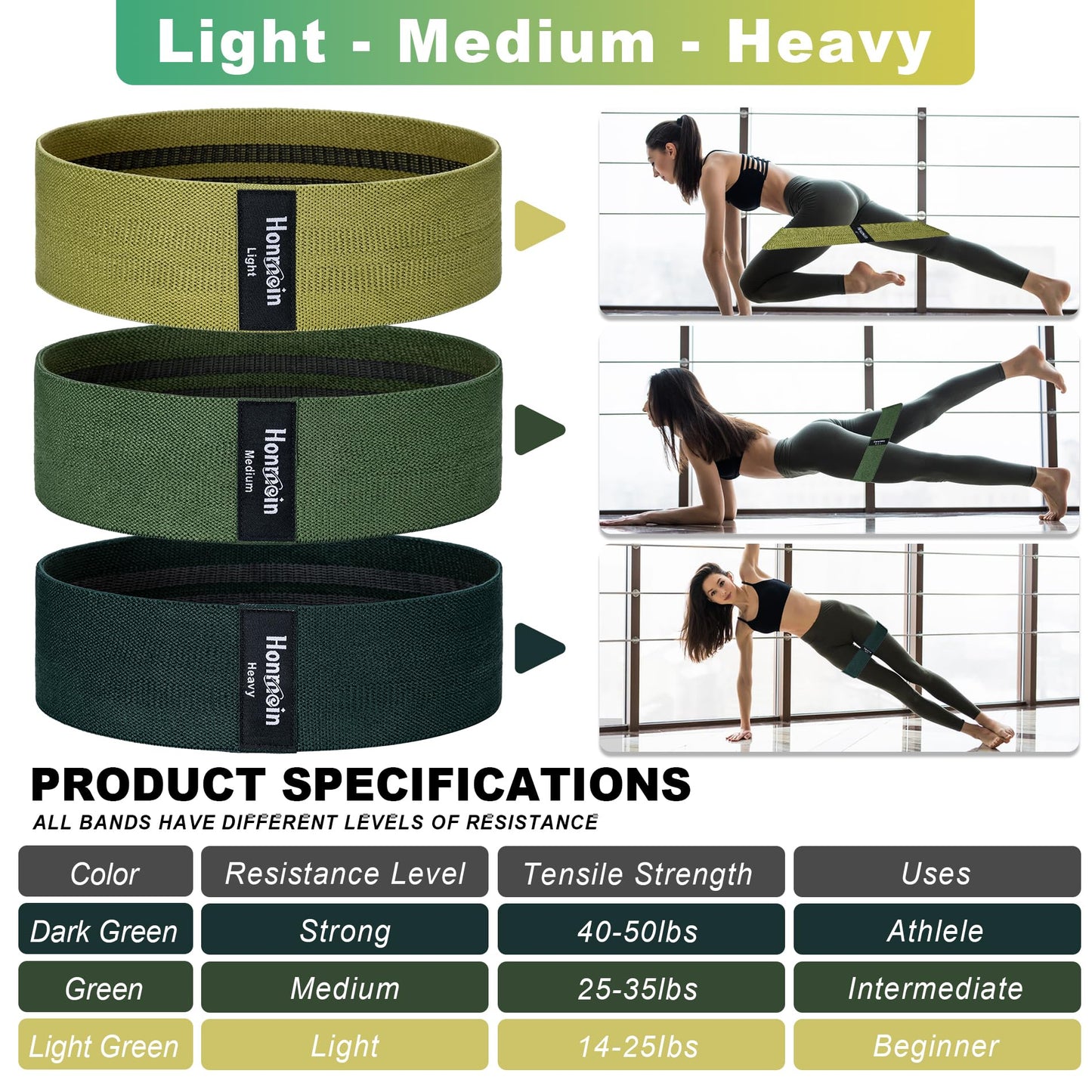 Honmein Resistance Bands for Working Out, 3 Levels Exercise Bands Workout Bands Set for Women Men, Hip Legs Booty Bands for Home Fitness, Gym, Yoga, Pilates(Green)