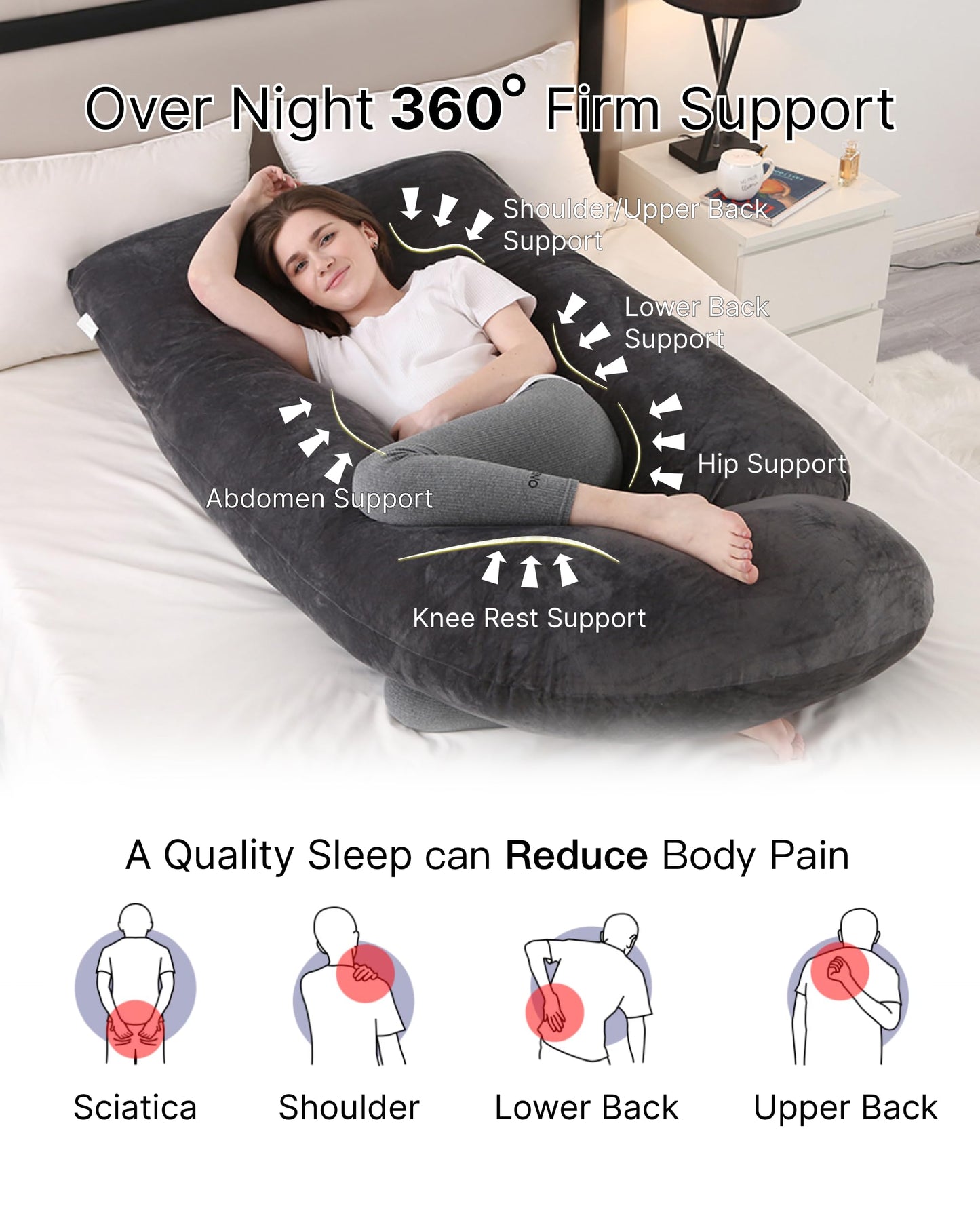 ALLOPERA Pregnancy Pillow, Full Body 57 Inch Maternity Pillow with Removable Washable Cover - Sleep Support for Legs, Back, Neck, Shoulder, HIPS, Belly for Pregnent Women, Black Grey Velvet Cover