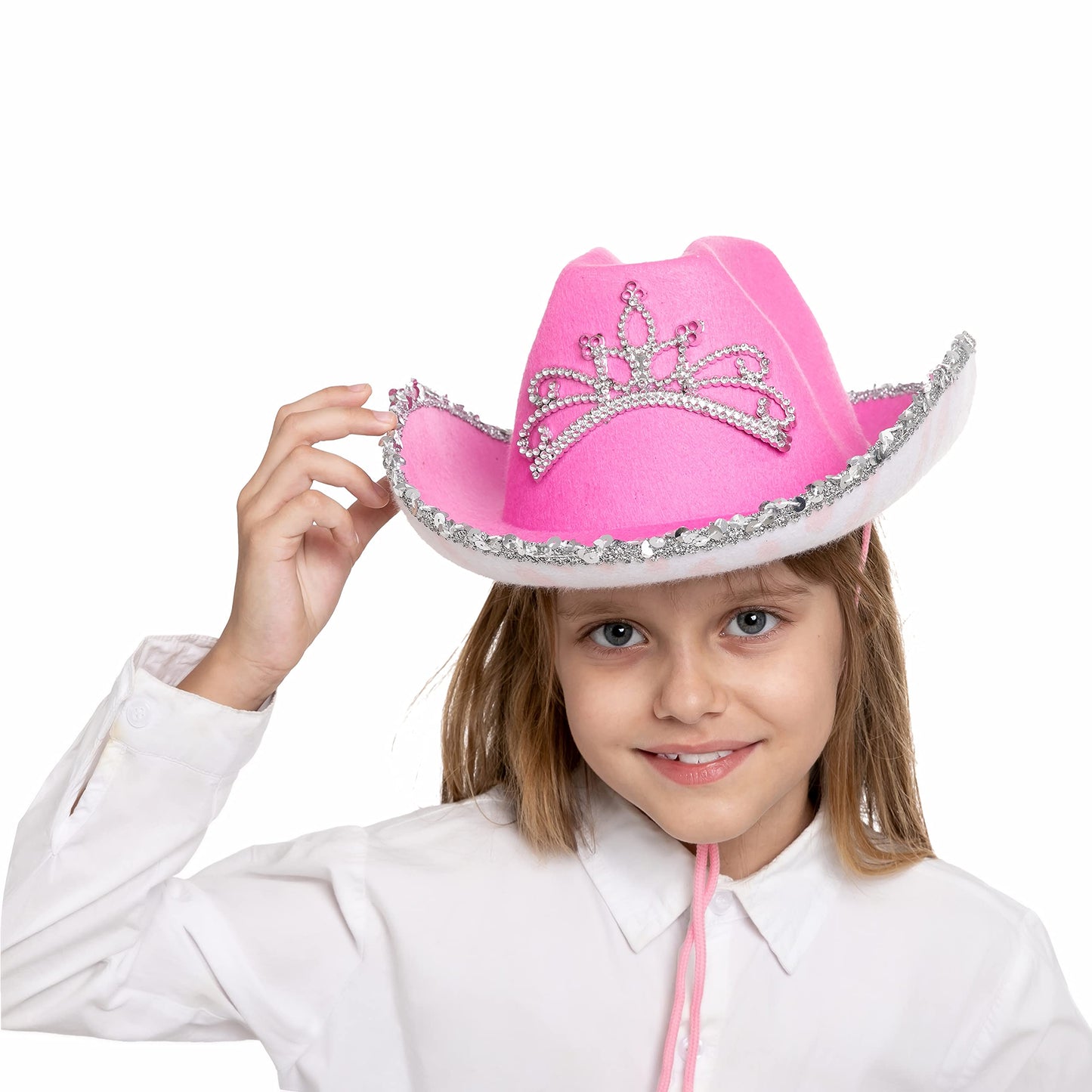 Spooktacular Creations 2 Pack Pink Cowboy Hat with Crown Blinking, Halloween Children's Pink Tiara Felt Cowboy Hats Accessories for Cosplay, Dress-up Party