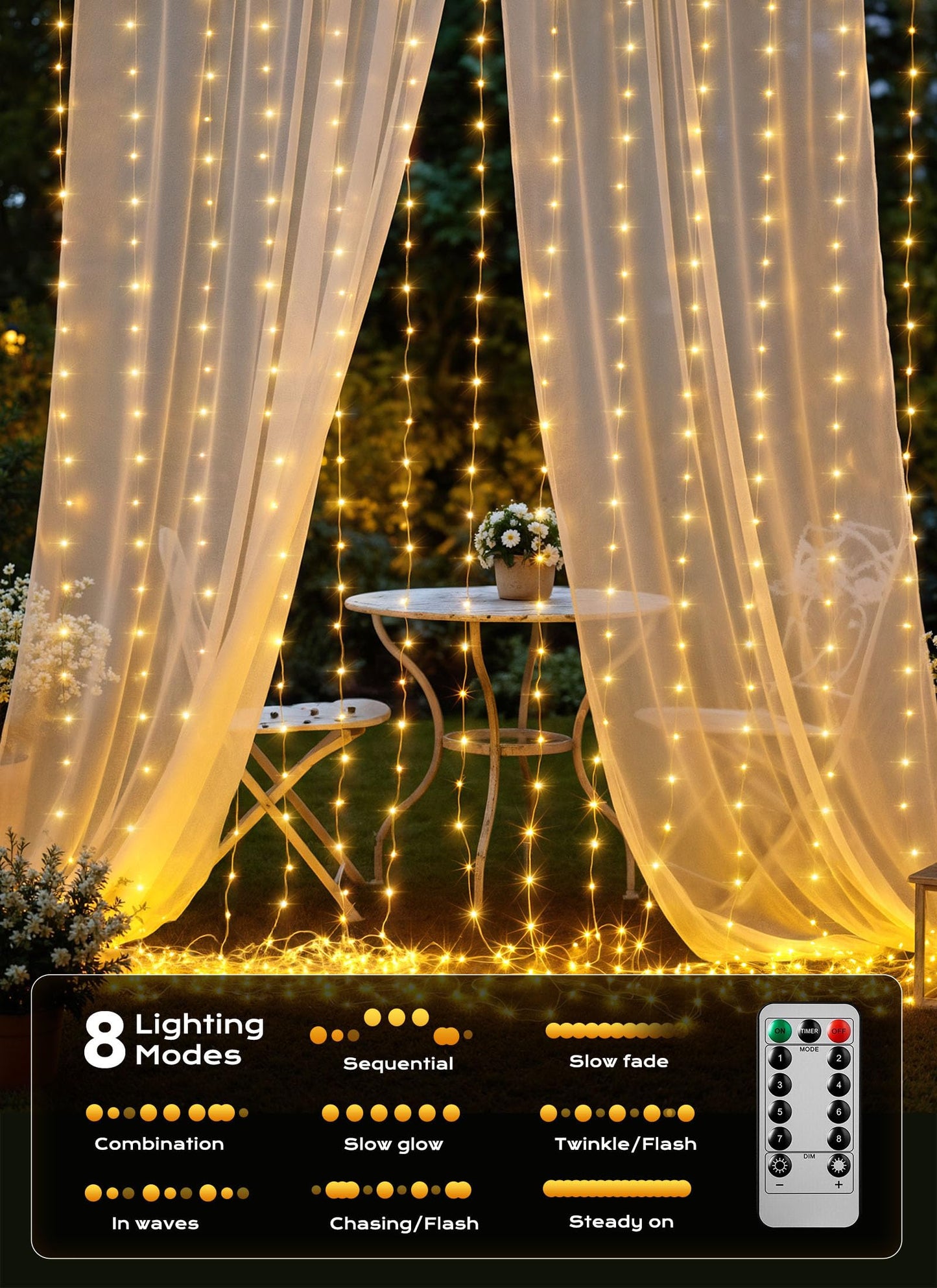 Brightown 300 LED Curtain String Lights, 9.8 FT Hanging Fairy Lights with Remote, 8 Modes, Waterproof Window Lights for Bedroom Backdrop Wedding Outdoor Party Christmas Decorations(Not Connectable)