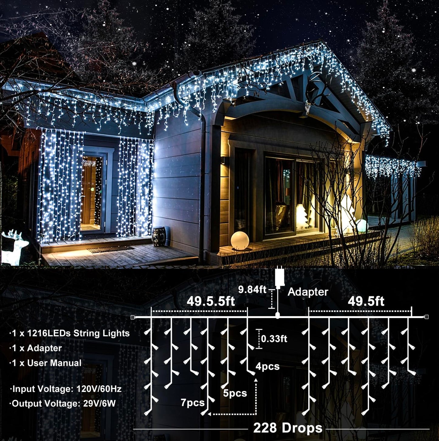 99ft 1216 LED Icicle Christmas Lights Outdoor - 8 Modes Icicle Lights with 228 Drops, Waterproof Plug in Fairy Curtain Light with Timer Memory for Party Holiday Wedding Decorations, Cool White