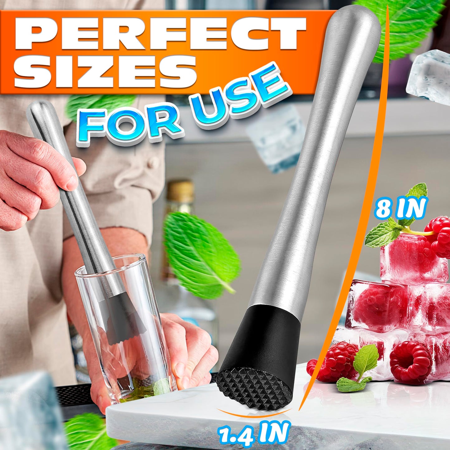 8 Inches Drink Muddler for Cocktails – Stainless Steel Muddler Tool with Textured Head, Lightweight Build – Fruit Smasher for Drinks, Mojitos, Avocado, Herbs, Spices & Ice Crushing Bar Tool for Mixing