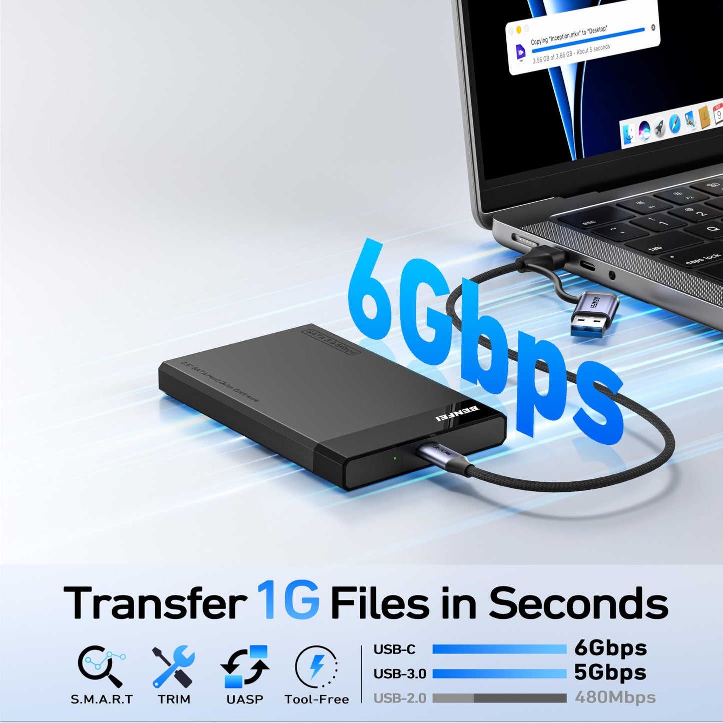 BENFEI 2.5 Inch SATA to USB Tool Free External Hard Drive Enclosure (6Gbps, Optimized for SSD, Support UASP SATA III)