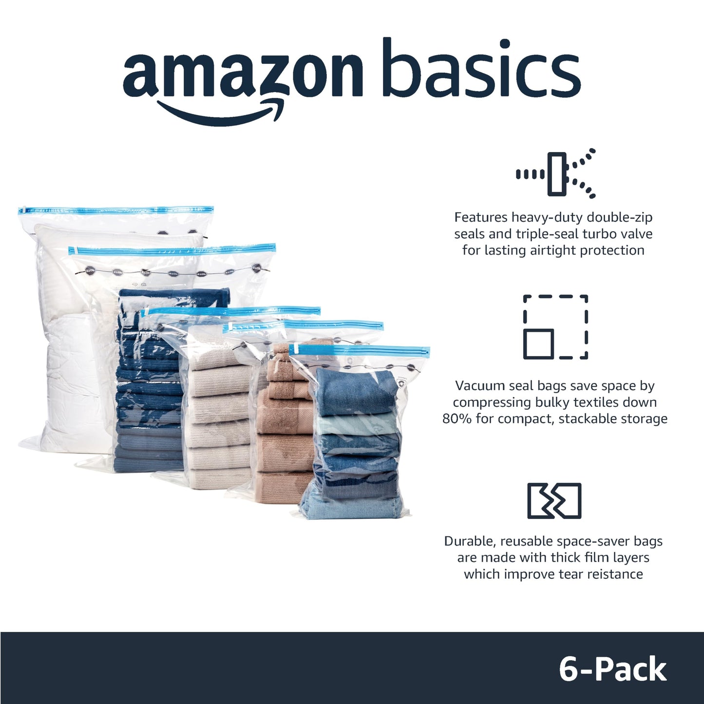 Amazon Basics Vacuum Compression Space Saving Storage Bags with Hand Pump for Clothes Packing, Jumbo, Clear, Pack of 6
