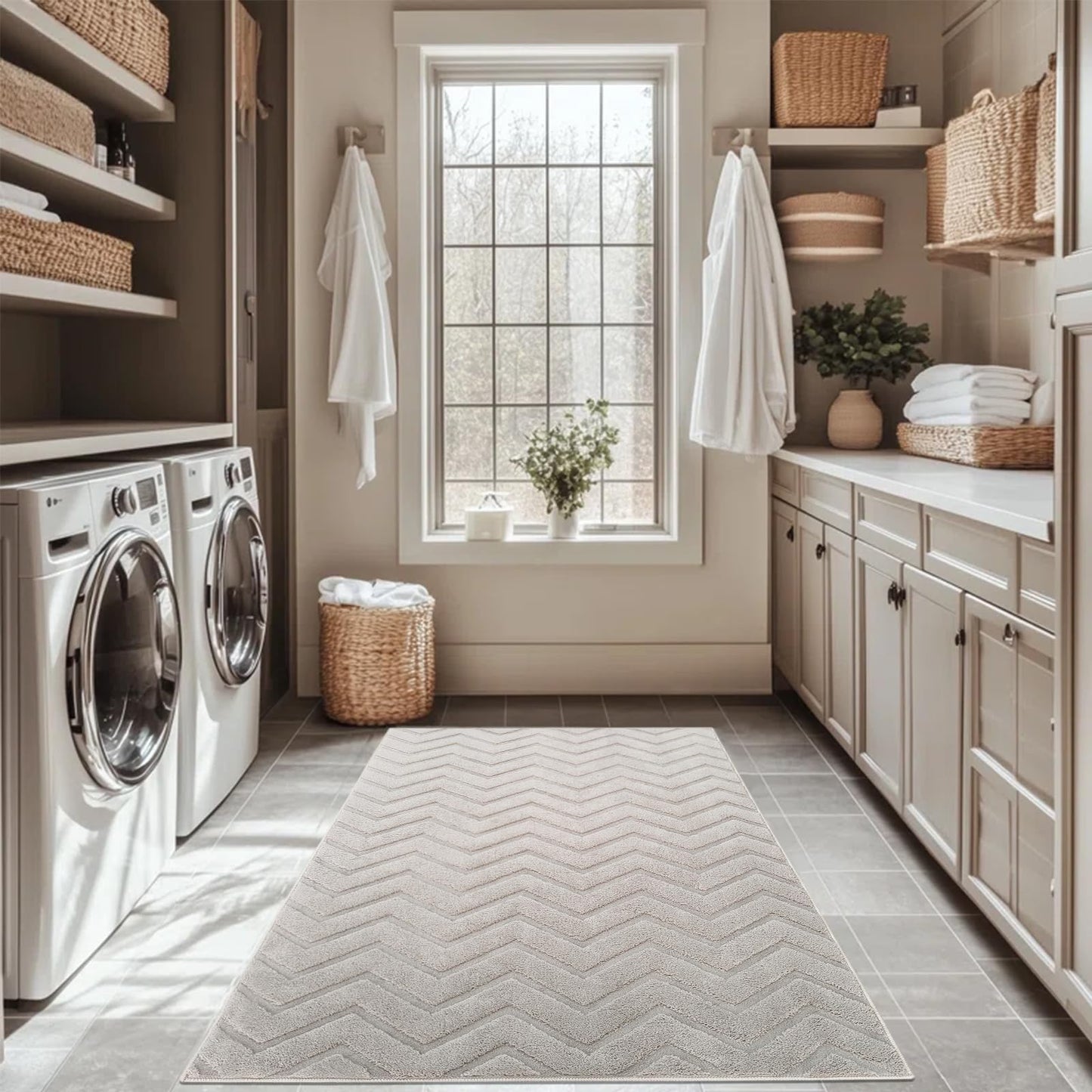 USTIDE 3'x5' Non-Slip Washable Area Rug, High-Low Pile Geometric Wave Modern Chevron Carpet for Living Room Bedroom Entryway Kitchen Bathroom, Beige