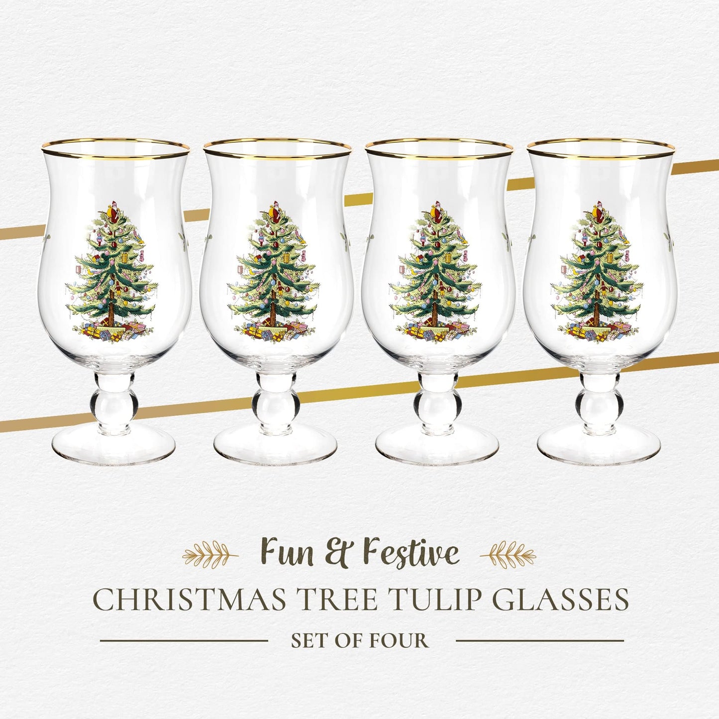 Spode Christmas Tree 17.5oz Tulip Glasses, Set of 4 - Gold-Rimmed Whimsical Holiday Glasses for Sparkling Wine & Champagne, Ideal for Holiday Brunches & New Year’s Celebrations