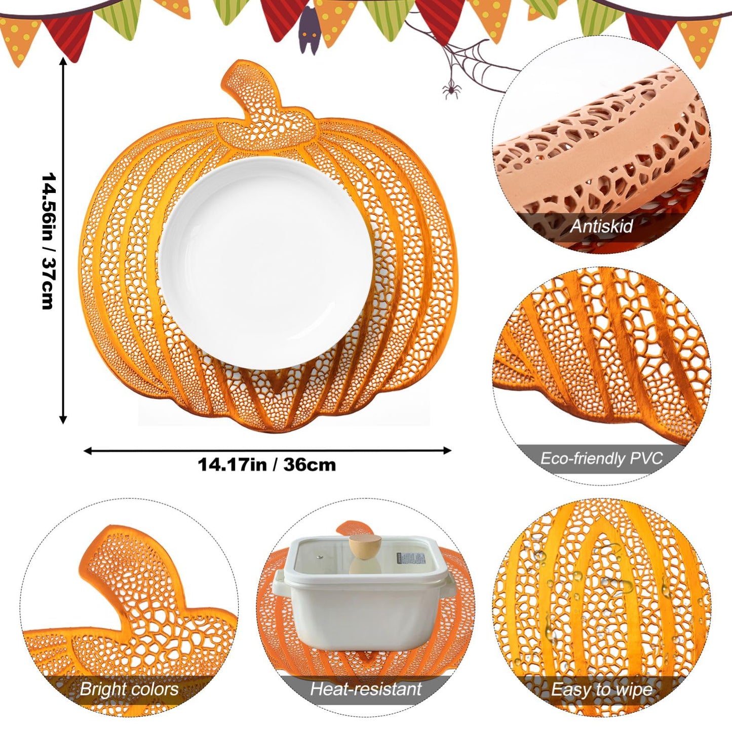 Pumpkin Placemats Set of 6,Harvest Placemats Fall Placemats Heat-Resistant for Thanksgiving,Halloween,Party and Wedding Table Decorations