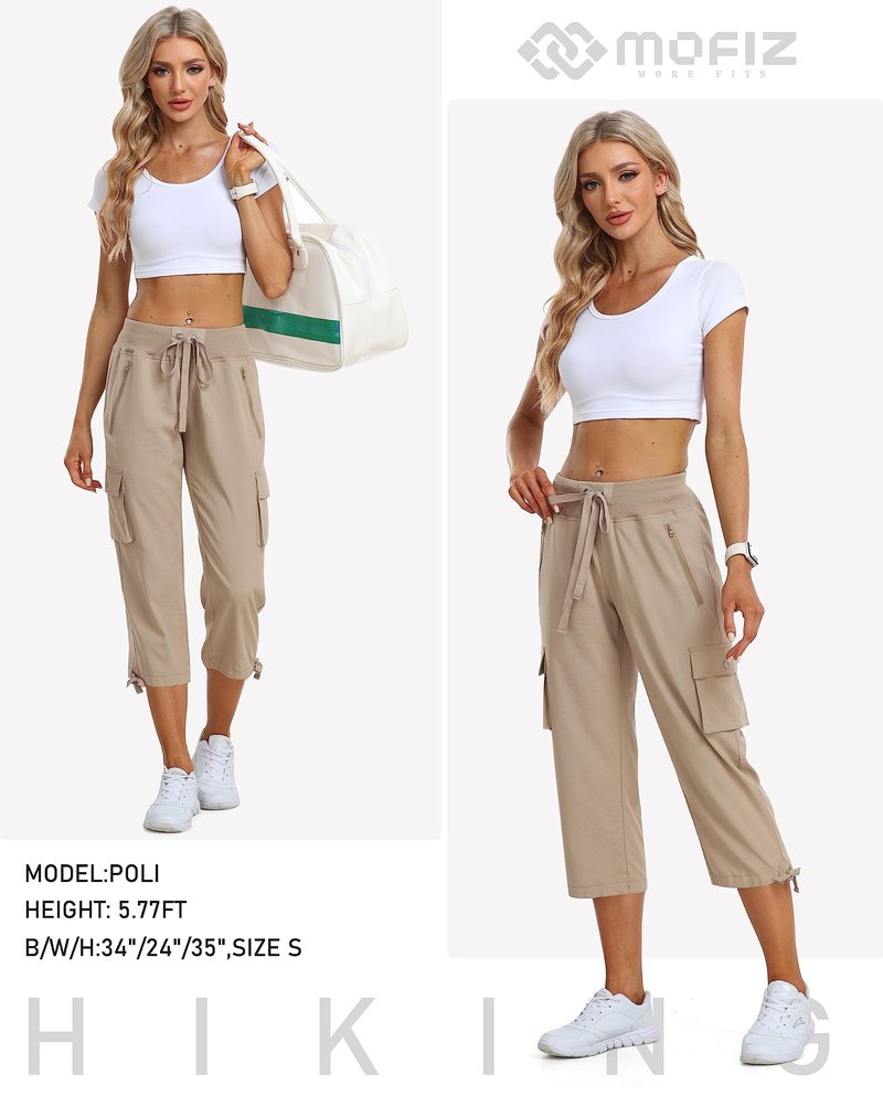 MoFiz Womens Capris with Pockets Loose Fit Casual Capri Pants Lightweight Ladies Cargo Pants for Hiking Khaki M