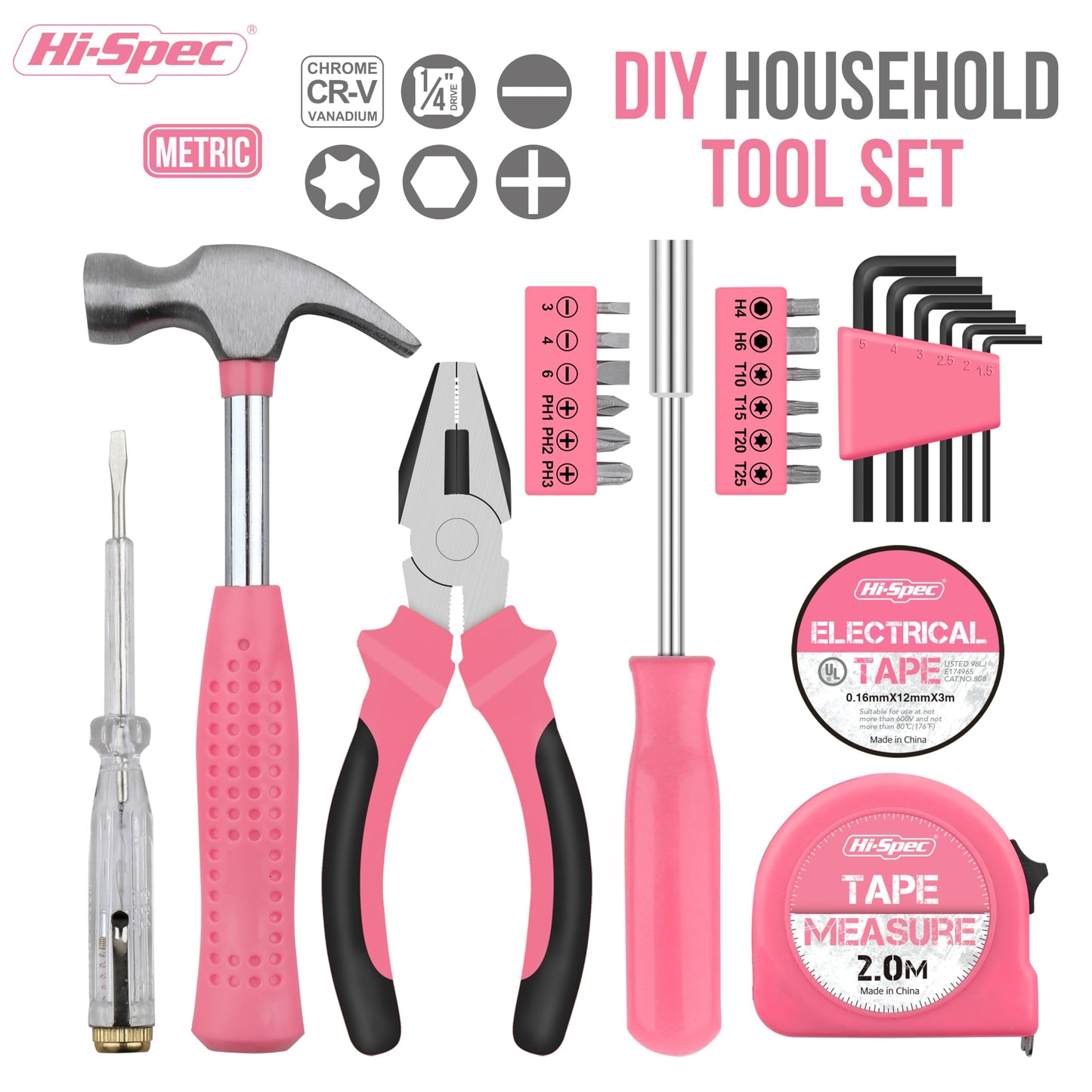 Hi-Spec 24pc Pink Tool Kit for Women – Mini DIY Household Set with Starter Basic Hand Tools for Home & Office, Compact Toolbox for Ladies DIY Projects and Everyday Use