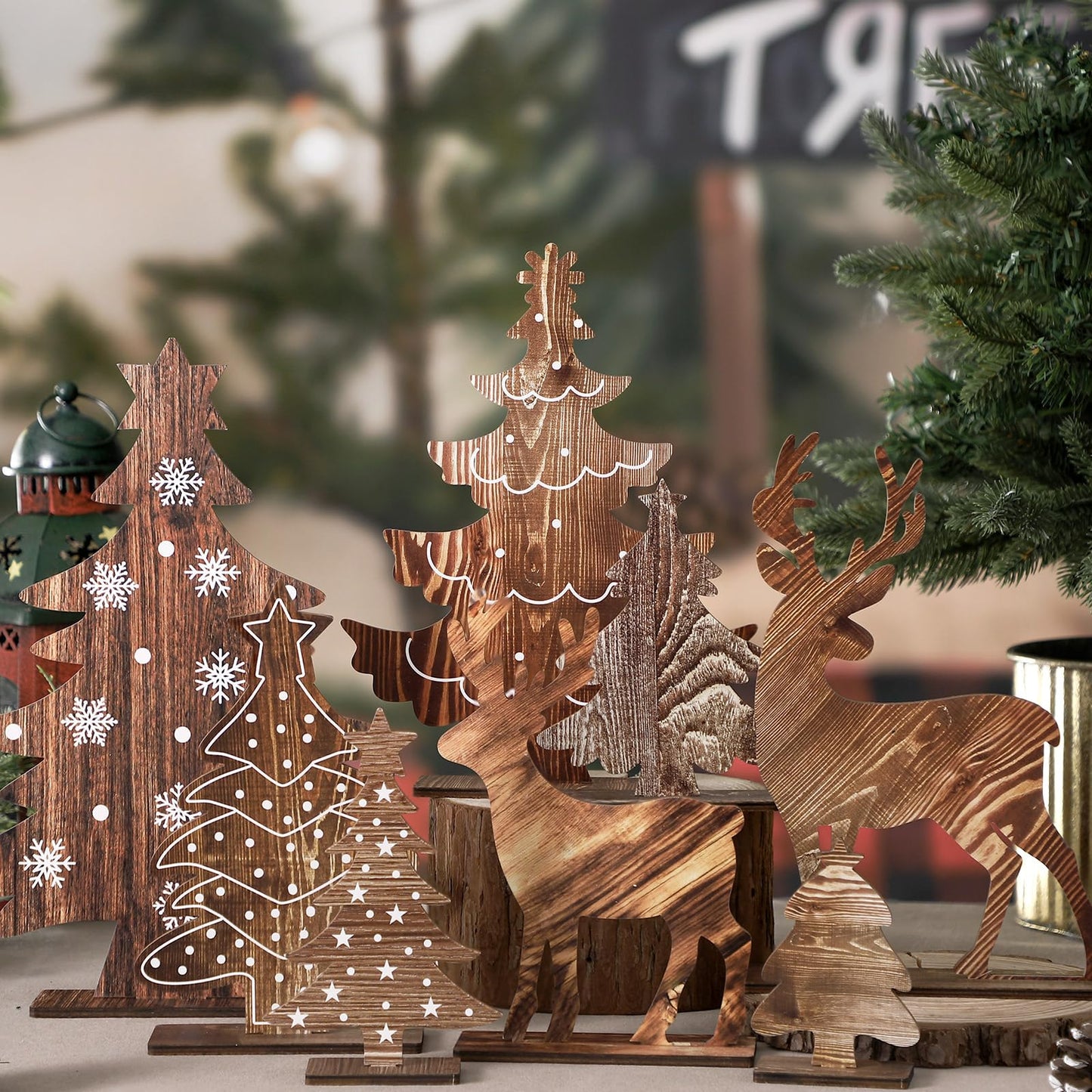 Barydat 8 Pcs Christmas Table Decorations Wooden Christmas Pine Tree Reindeer Table Centerpiece Xmas Winter Tabletop Signs Rustic Farmhouse Decor for Home Office Desk Party Favors (Rustic)