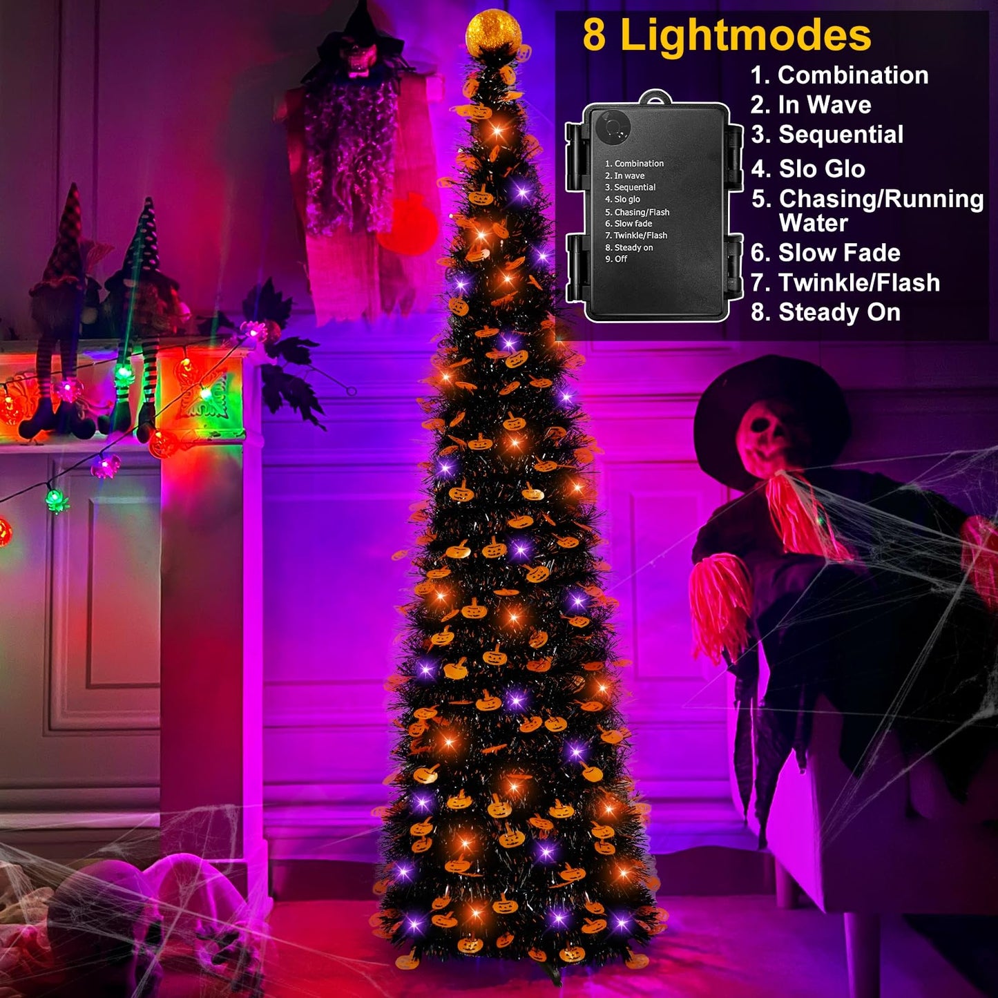 TURNMEON 5Ft Black Tinsel Halloween Tree with 50LED Orange Purple Lights Timer 8 Modes Pumpkin Ornament Pop Up Artificial Pencil Tree Halloween Decorations Home Party Indoor Outdoor