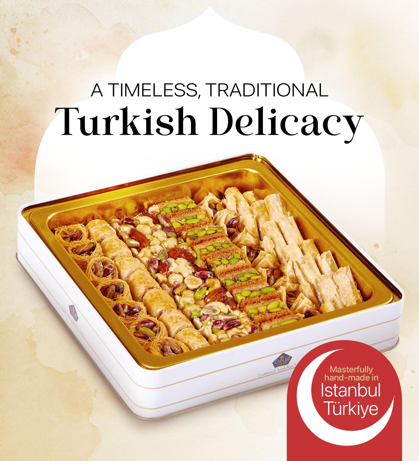 Cerez Pazari Baklava Pastry Gift Set - Turkish Baklava Pastry With Nuts & Spices - Baklava Gift Box From Turkey - Pastry, Halal Snacks - Assorted 45-48 Pieces Per Metal Dessert Box - 1.32 lbs