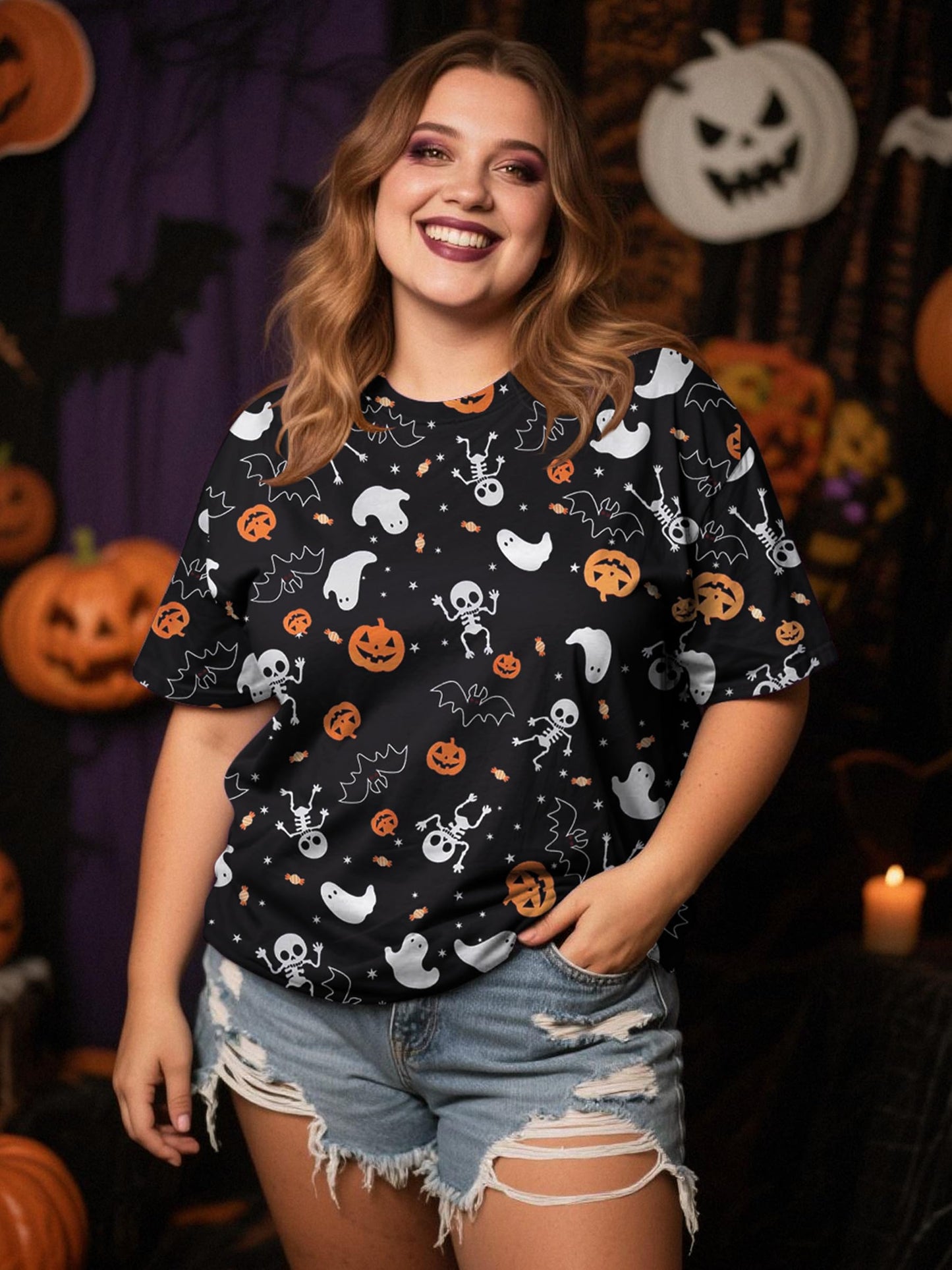 Anbech Women Plus Size Halloween Tops Pumpkin Grapchic Thanksgiving T-Shirt (Full Black, 5XL)