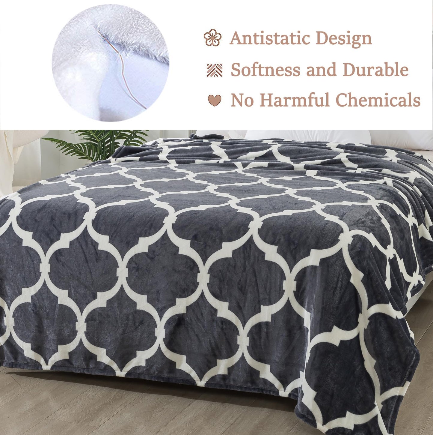 Gray Pattern King Size Blanket,90x108 Inches Microfiber Soft Cozy Fluffy Warm Hand Made Throw Blankets for King Calking Bed,Couch, Sofa, Chair, Camping, Picnic,Grey and White