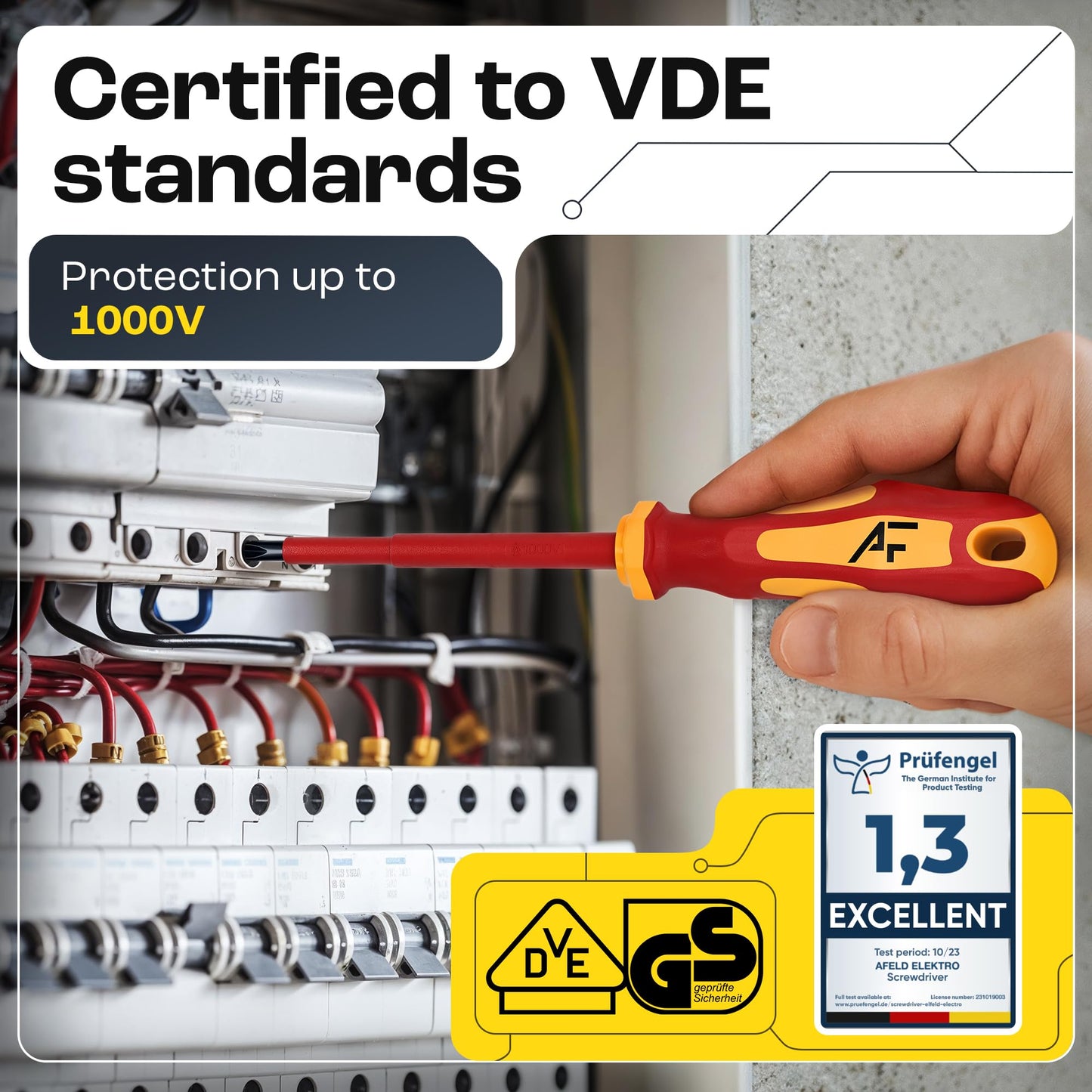 Afeld Elektro VDE Screwdriver Set 6 Pieces: 3x Phillips, 3x Slotted, Insulated, Magnetic Tips, Hex Head