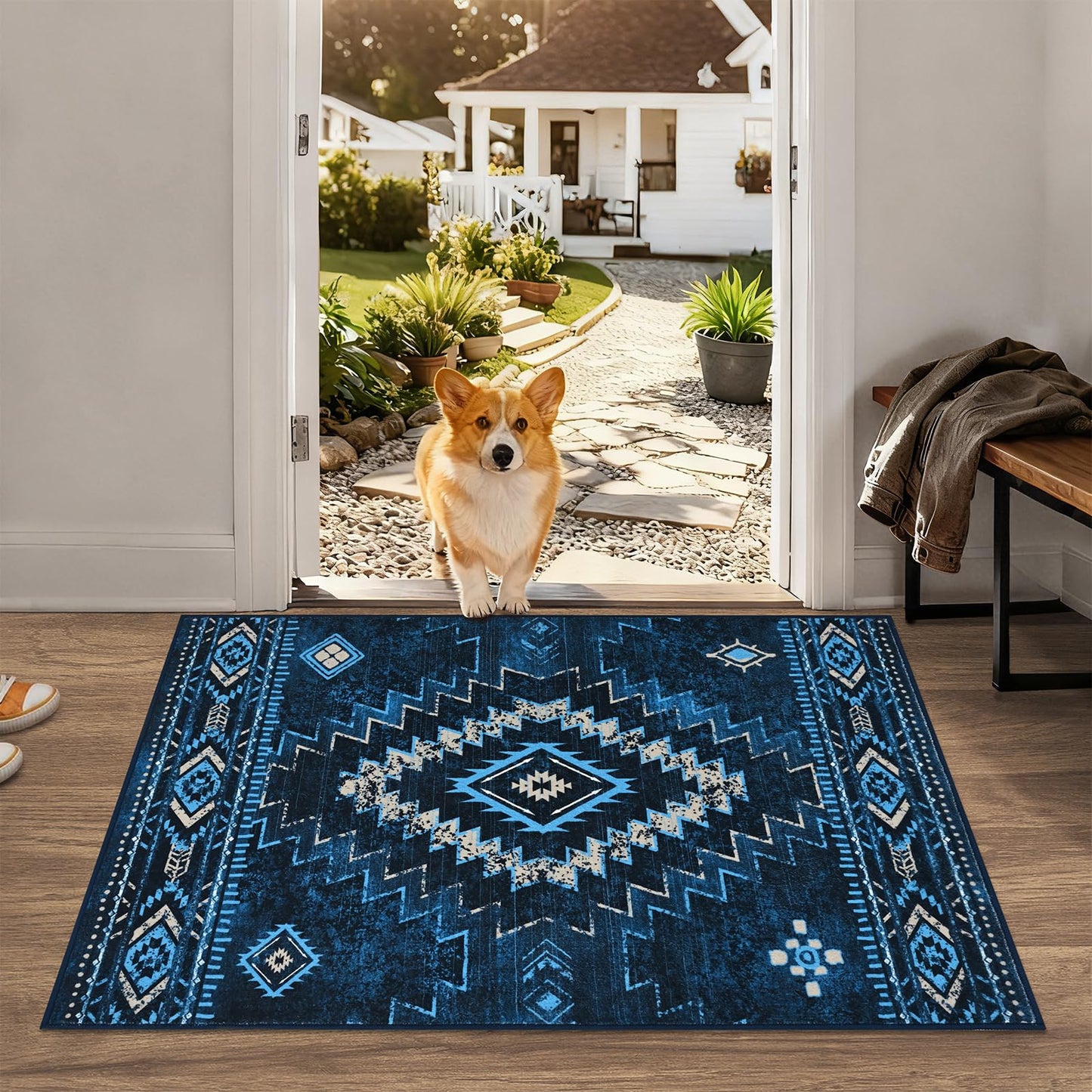 Yinhua Western 2x3 Rug Non-Slip, Aztec Entryway Rugs Low-Pile, Navy Blue Moroccan Washable Rug Stain Resistant, Front Door Rugs with Rubber Backing for Bathroom Kitchen Hallway