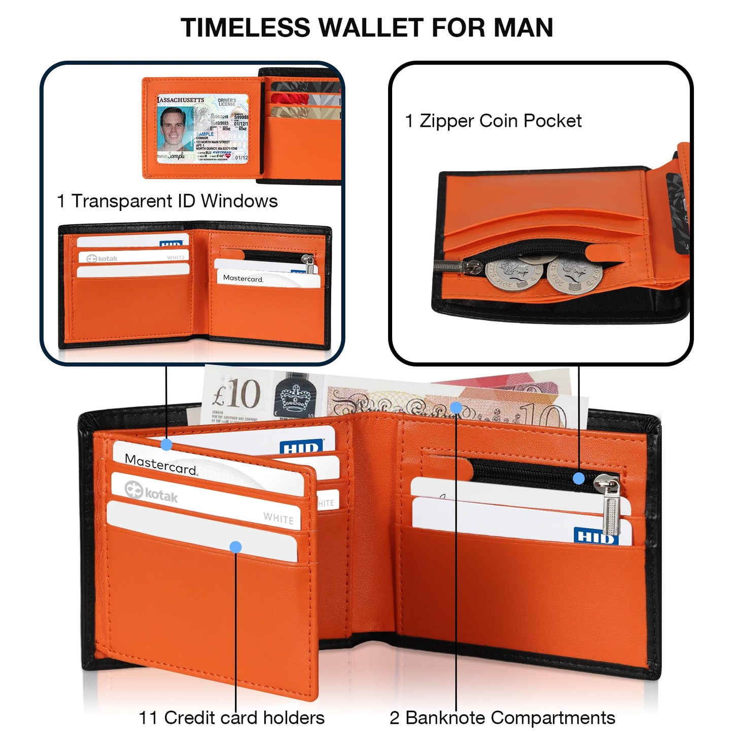 TEEHON Wallets for Men UK with RFID Blocking Slim Wallet with Coin Pocke, 11 Card Slots, 2 Note Pockets, ID Window & Gift Box - Black & Orange