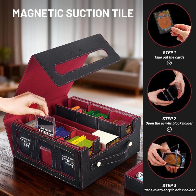 Commander Deck Box - 7-in-1 Trading Card Storage with Handle, 6 Toploaders & Colorful Dividers | Black & Red
