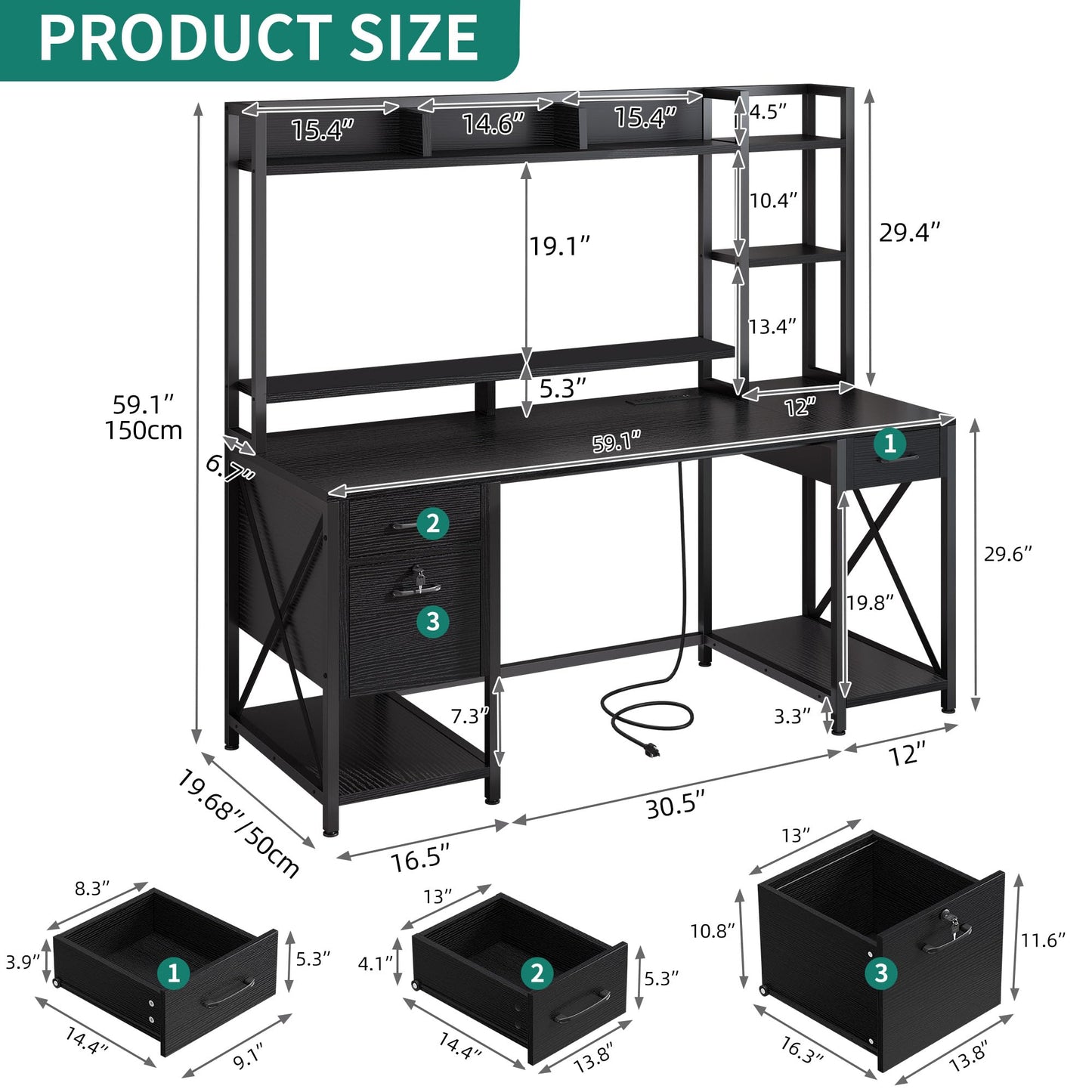 DWVO Computer Desk with Drawers & Hutch, 59.1" Office Desk with Power Outlets & LED Lights, Home Office Desk with Storage Shelves, Black