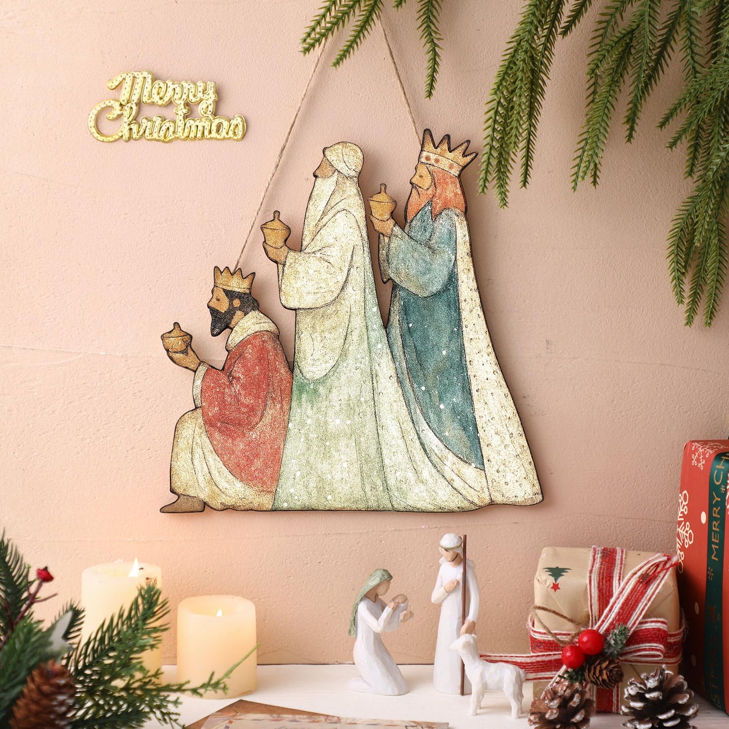 Anglechic Christmas Nativity Scene Door Sign Three Wise Men Wooden Front Door Signs Reyes Magos Hanger Wreath for Holiday Porch Wall Window Fireplace Indoor Home Christmas Decor