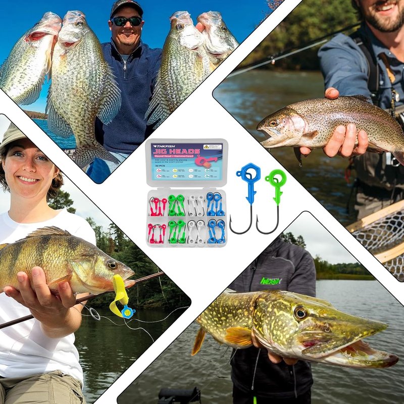 THKFISH Crappie Jig Heads Kit - 12PCS Fishing Hooks with Round Scent Holder | 1/16, 1/8, 3/16 OZ, White, Yellow, Red