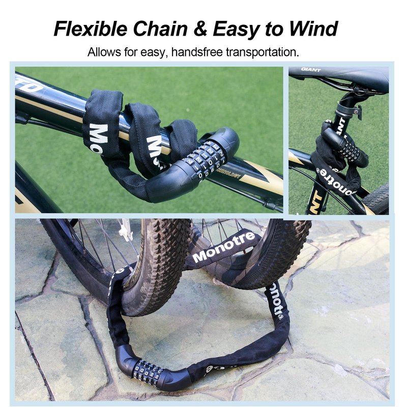 Monotre 5-Digit Resettable Combination Heavy Duty Anti-Theft Bike Chain Lock, 3.9ft Long Keyless Security Bike Lock for Bicycles, Scooters, Motorcycles, Doors, Fences