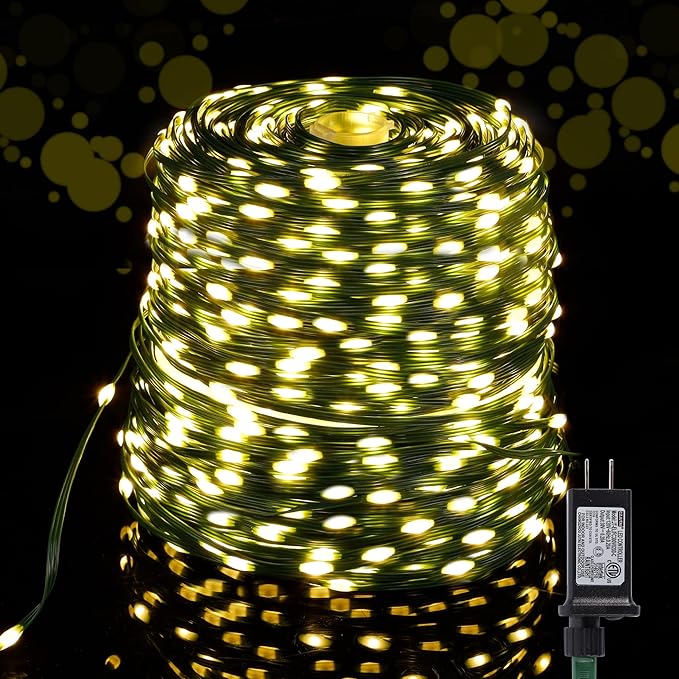 WATERGLIDE Extra Long 328 FT Fairy String Lights, 1000 LED Outdoor Green Wire Christmas Lights, Plug in Mini Light 8 Modes & Waterproof for Outside Xmas Tree Holiday Wedding Party Decor, Warm White