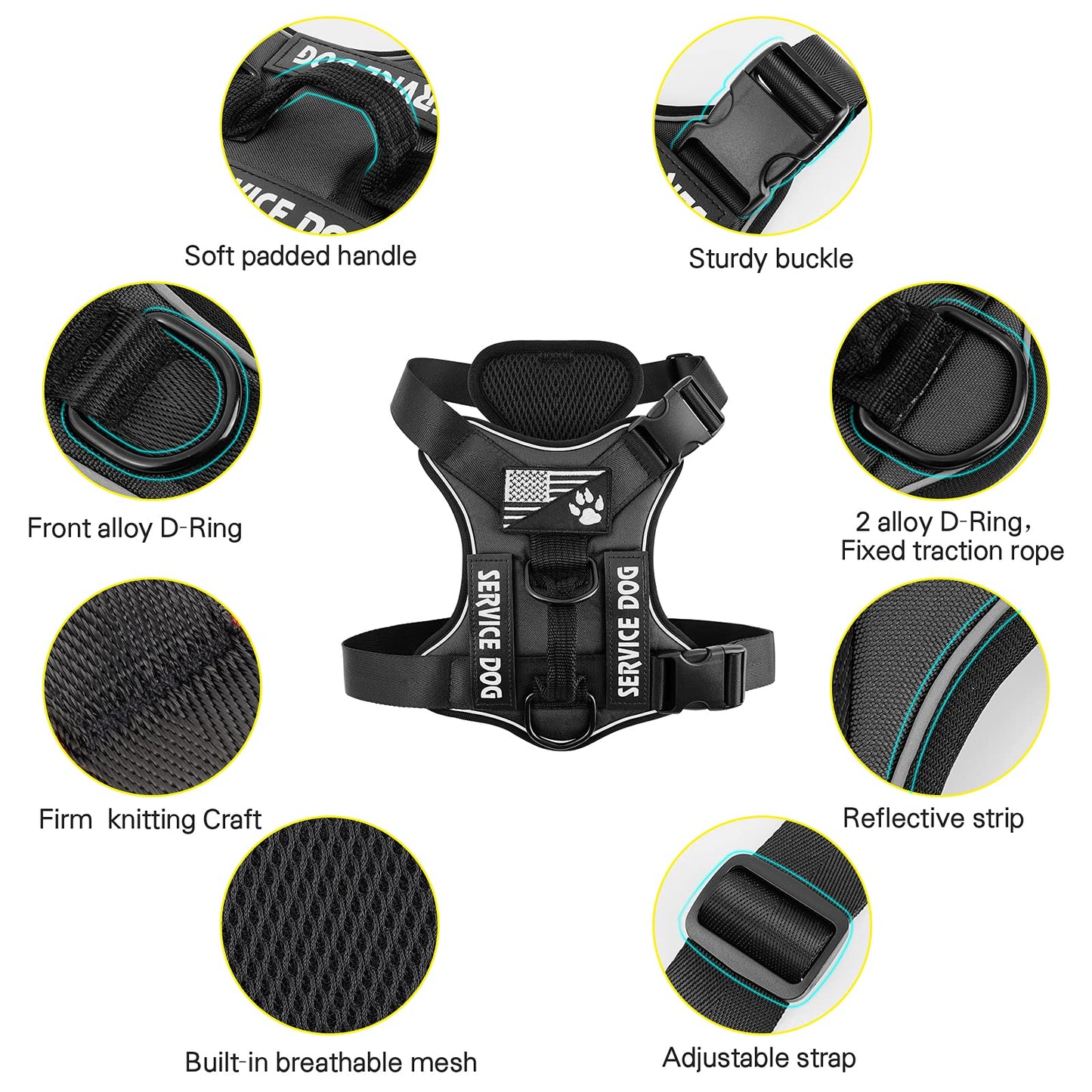 Demigreat Service Dog Harness, Reflective Dog Vest Harness with 5 PCS Patches, Adjustable Soft Oxford Pet Harness, Inner Layer Mesh, Easy to Control for Dogs