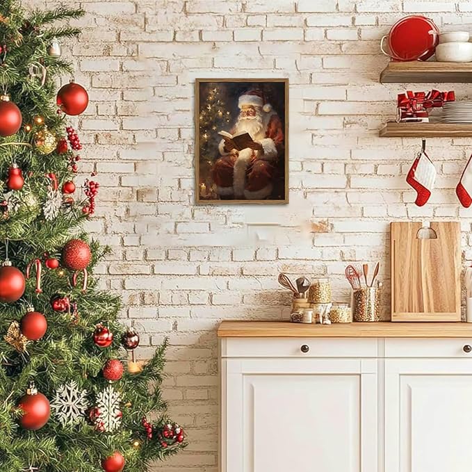 Framed Vintage Christmas Canvas Wall Art, Santa Claus Reading Book Paintings Wall Decor, Rustic Winter Holiday Pictures Prints for Living Room Bedroom Home Decoration 12×16 inch