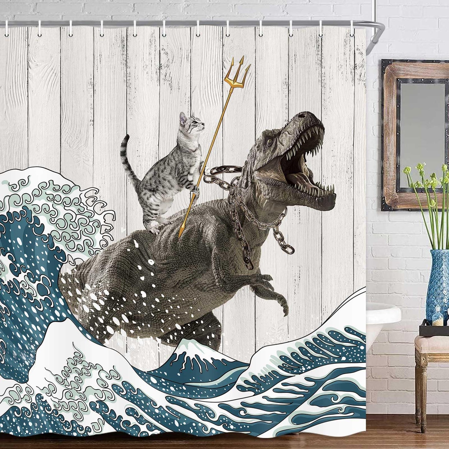 Boziqr Funny Cat Shower Curtain, Cool Cat Dinosaur Japanese Ocean Wave Decor Fabric Bathroom Curtains, Kids Children Rustic Wooden Farmhouse Shower Curtain, 70X70 Inches