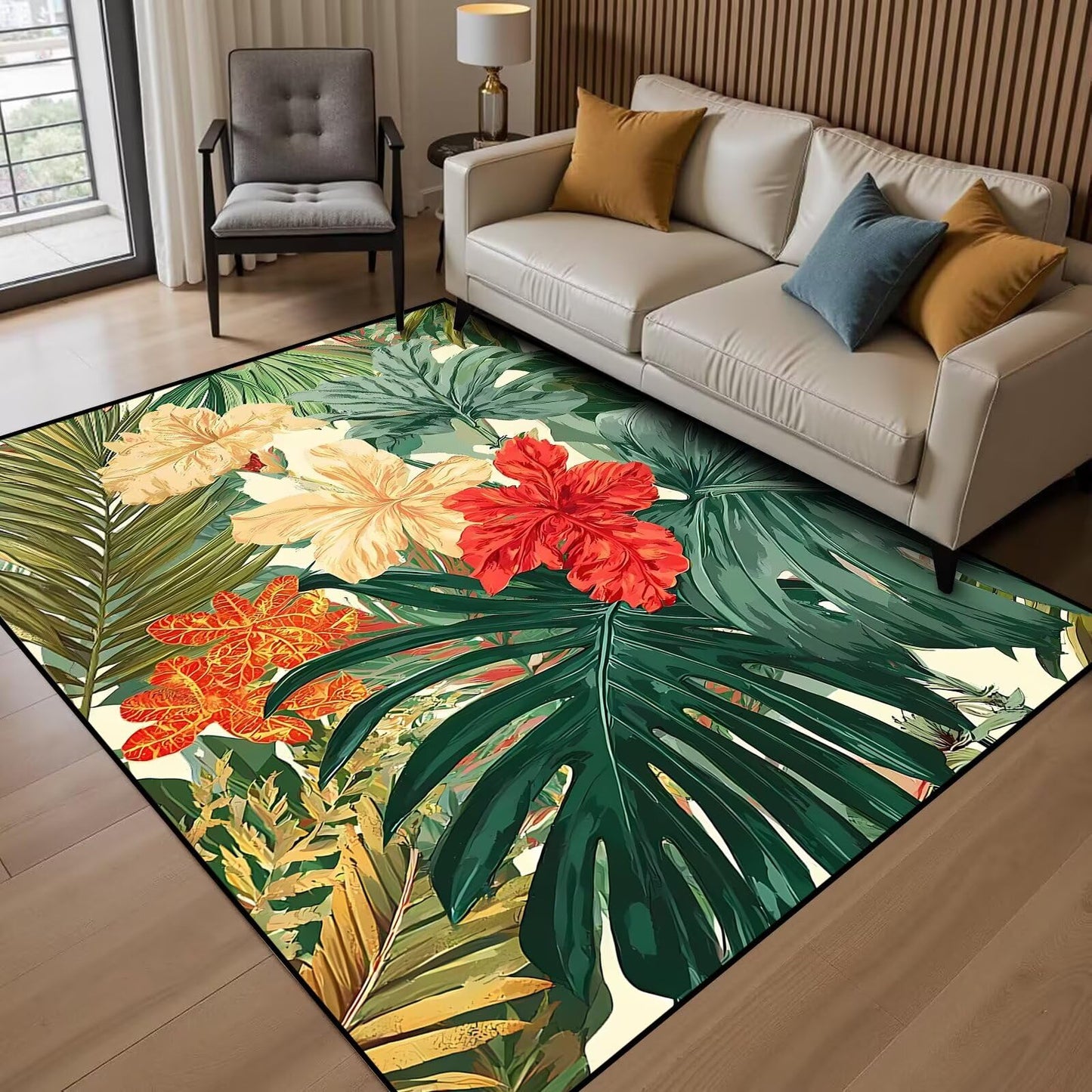 DJNEAR 5' x 7' Tropical Hawaiian Plant Area Rug Palm Leaf Hibiscus Living Room Carpet Nature Forest Floor Mat Doormat for Kids Dining Room Bedroom Playroom Laundry Nursery