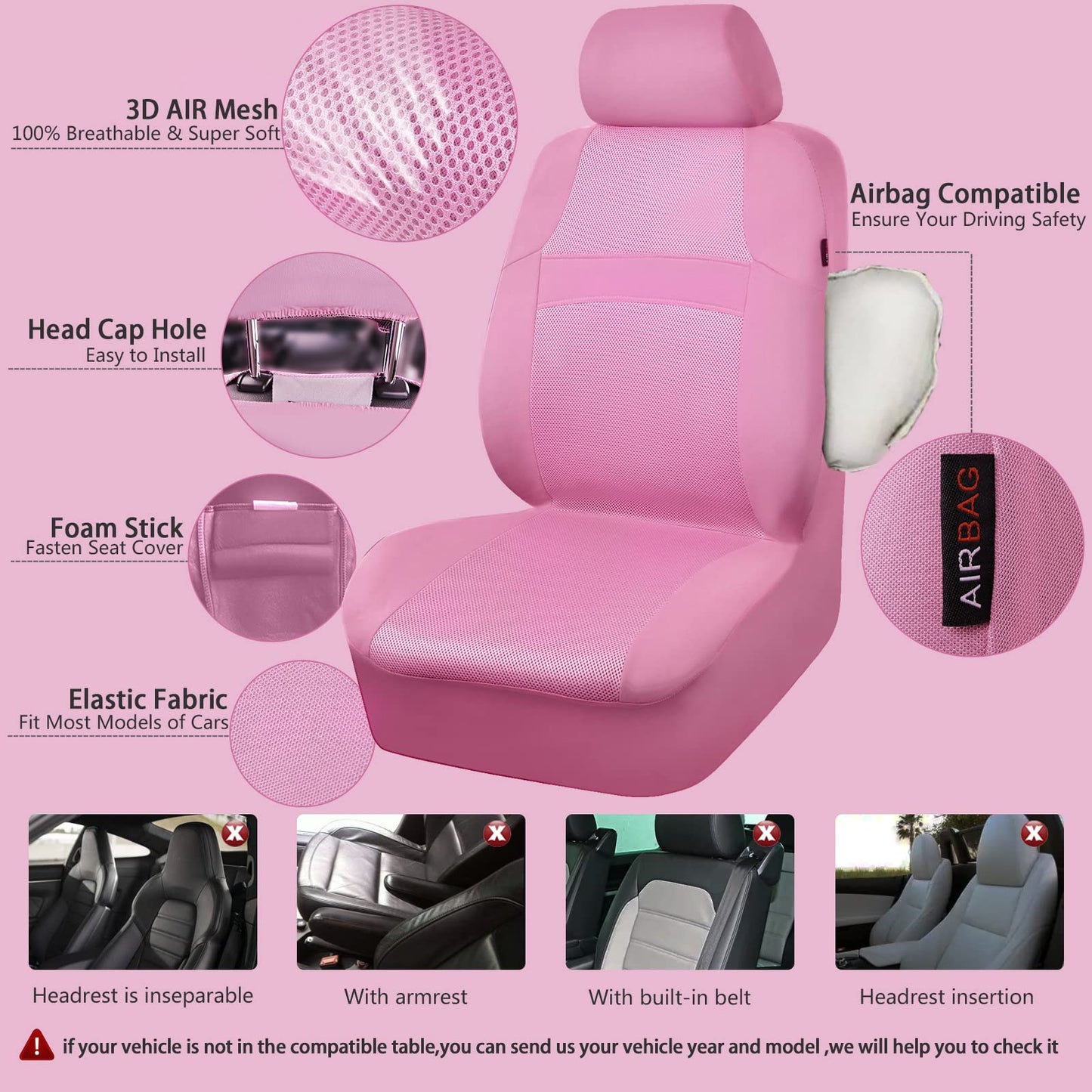CAR PASS Pink Car Seat Cover Full Sets, Air Breath in Summer Mesh Seat Cover 5mm Sponge Airbag Composite, Cute for Women Girly, Universal Fit SUV, Vans, sedans,Trucks, Automotive Interior All Pink