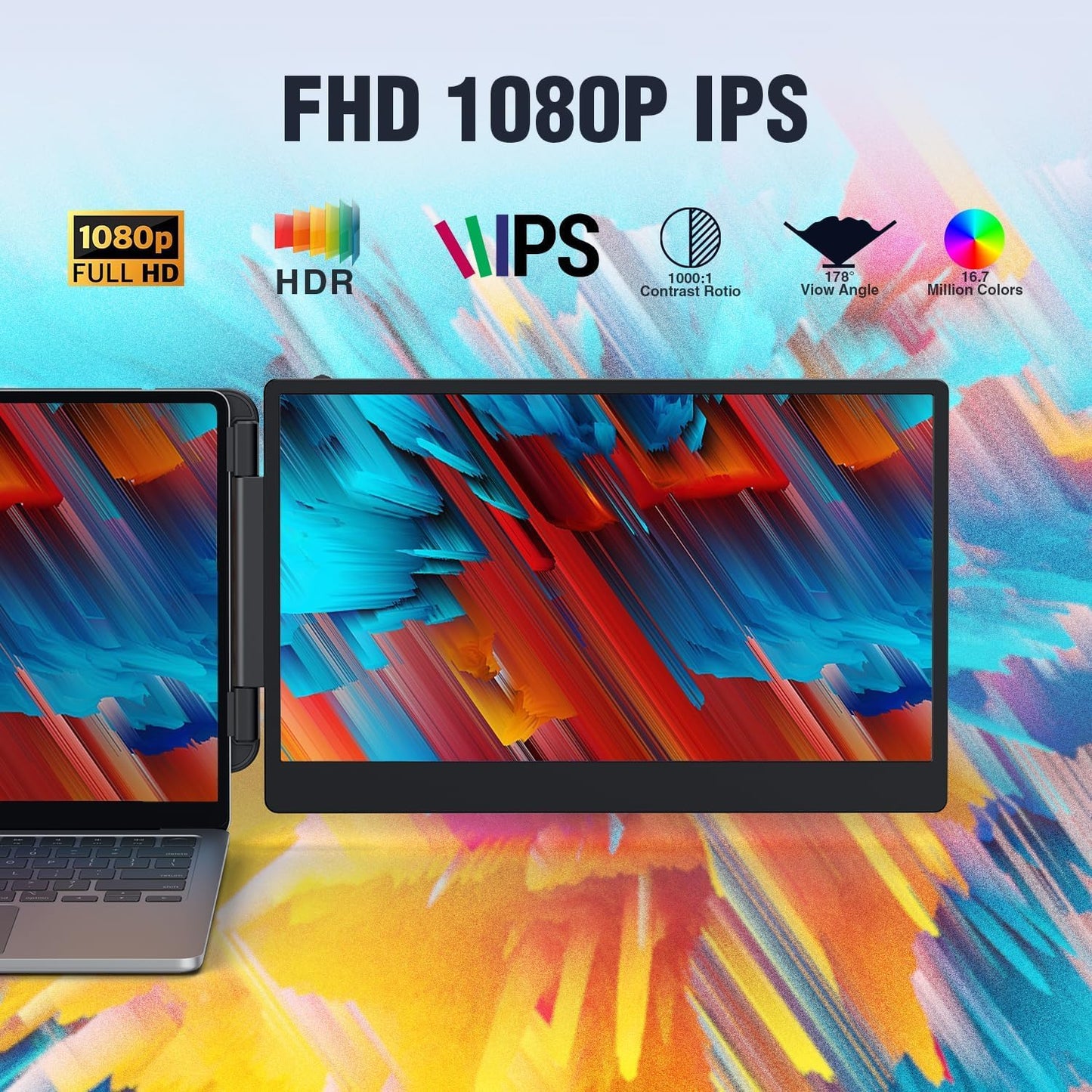 14’’ Triple Laptop Screen Extender, 1080P FHD Portable Dual Monitor for Laptop USB C HDMI, Plug-Play Monitor Extender for Triple Display for Mac/Windows, Fit 13”-17.3” Laptops