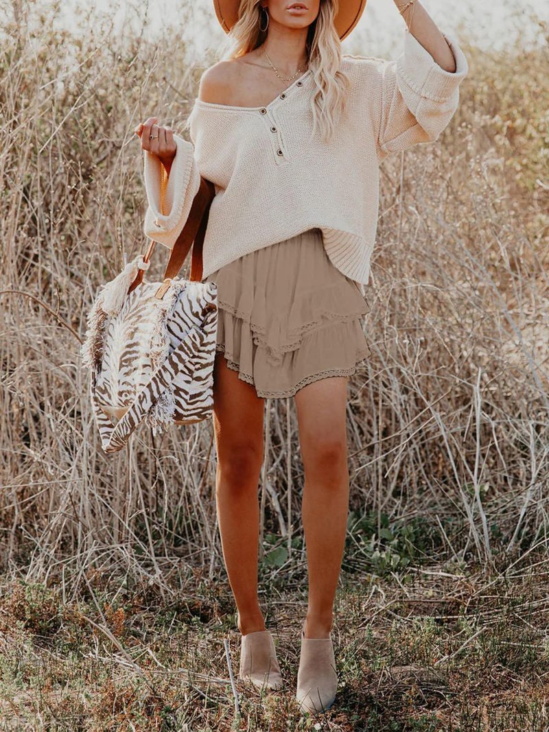 Aoudery Flowy Shorts for Women Casual Boho Ruffle Tiered Skorts High Waist Mini Skirts Golf Tennis Butterfly Crochet Shorts - Khaki S