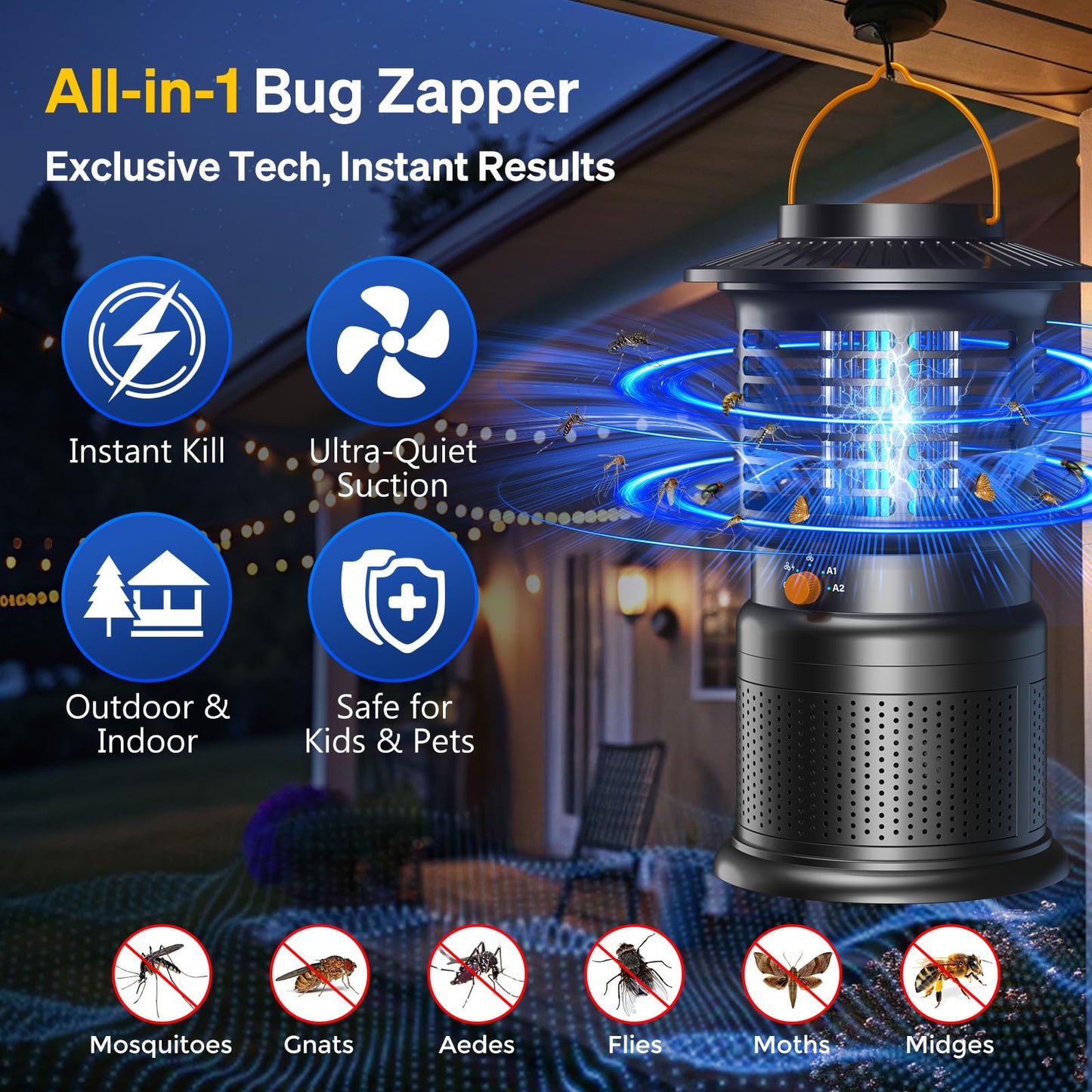 Bug Zapper Outdoor & Mosquito Trap, 4-in-1 Mosquito Zapper with Ultra-Quiet Suction, Rechargeable Fly Traps with 10,000mAh Long Battery Life, Auto On/Off Insect Zapper for Yard, Home, Camping, Black