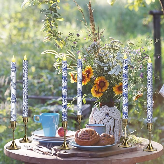 Baquler 6 Pcs Chinoiserie Bird Floral Flameless Candles 10.6 Inch Christmas Blue and White Battery Operated Led Candlesticks Chinoiserie Decor for Christmas Centerpiece Xmas Party Decor Holiday Gifts