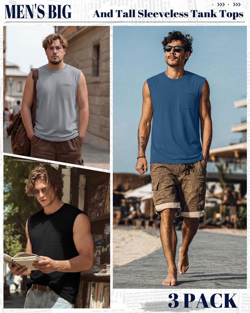Huukeay 3 Pack Cotton Men's Big and Tall Sleeveless Tank Tops Muscle Shirts Gym Casual Workout Tees with Pocket(Black, Light Gray, Blue,Large)