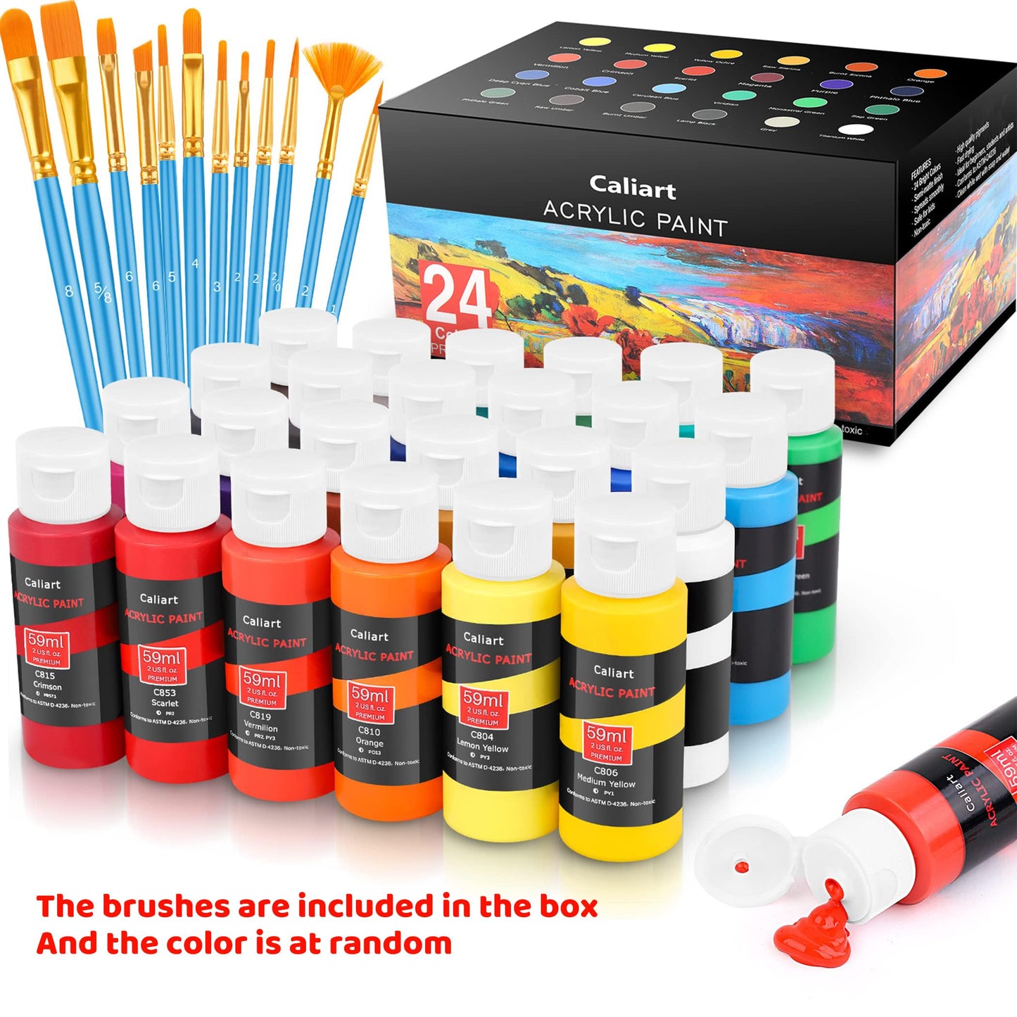 Caliart 24 Colors Acrylic Paint Set with 12 Brushes, Art Craft Paints Gifts Trendy Stuff for Adults Artists, Halloween Pumpkin Canvas Ceramic Rock Eggs Painting Kit Art Supplies