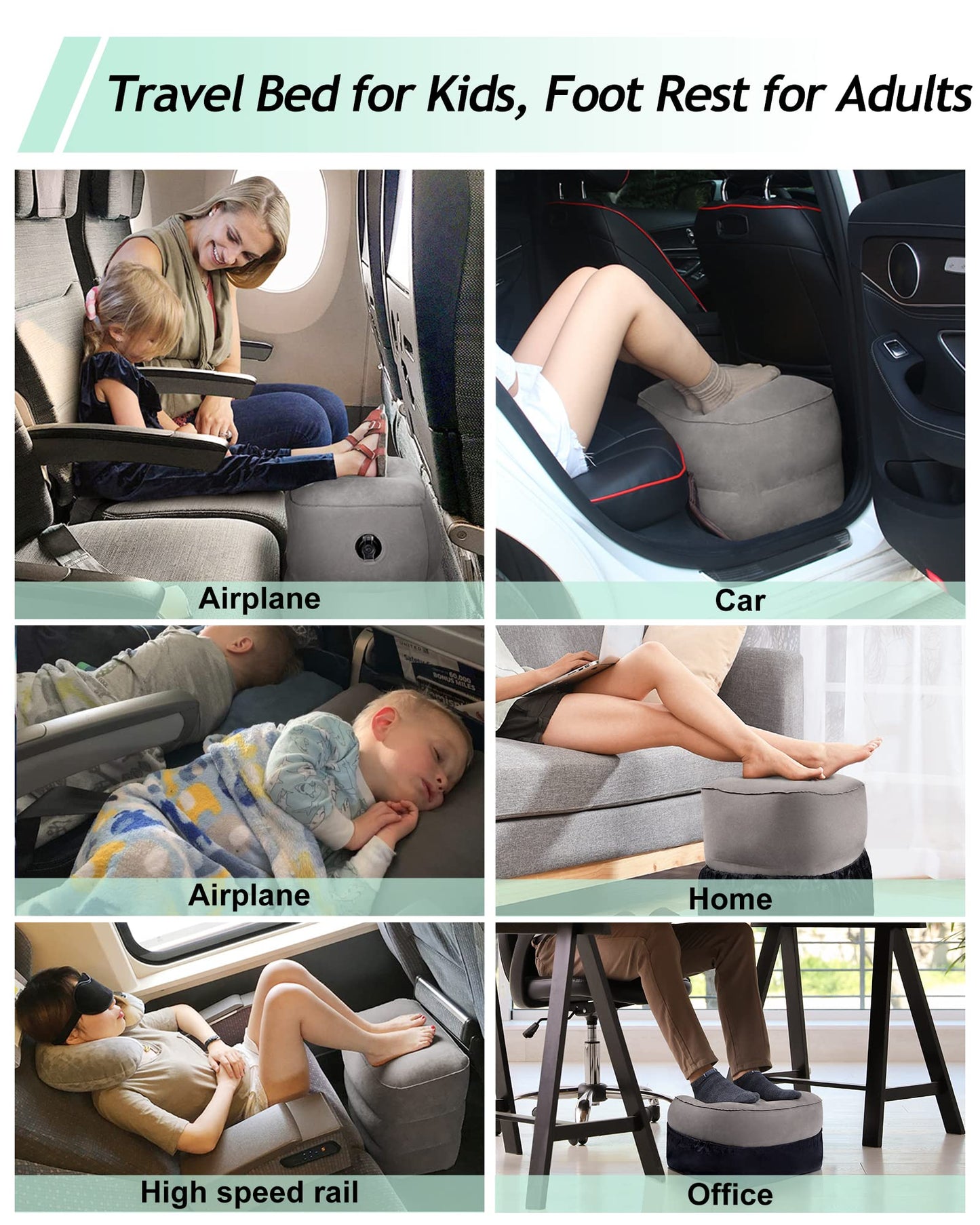 JefDiee Inflatable Foot Rest Pillow, Kids Airplane Bed, Adjustable 3 Layers Height Leg Rest Pillow, Airplane Travel Essentials Great for Office, Home, Trains, Cars