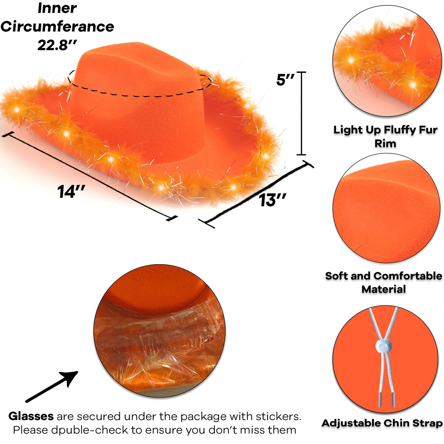 Funcredible Orange Cowboy Hat and Glasses - Light Up Cowgirl Hat for Girls - Cowboy Hats with Feathers - Halloween Hats for Women