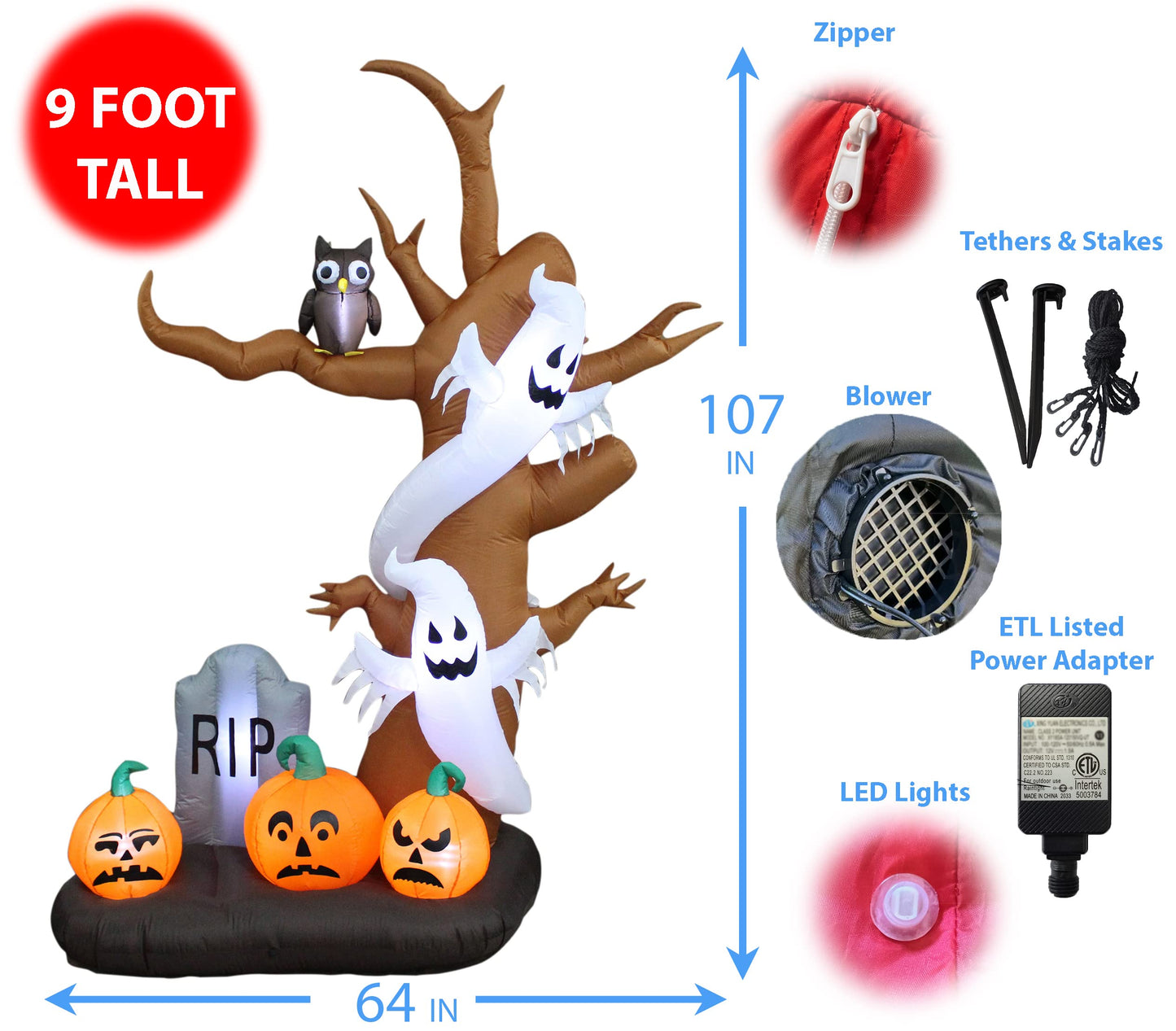 9 Foot Tall Halloween Inflatable Tree with Ghosts, Pumpkins, Owl and Tombstone LED Lights Decor Outdoor Indoor Holiday Decorations, Blow up Lighted Yard Decor, Lawn Inflatables Home Family Outside
