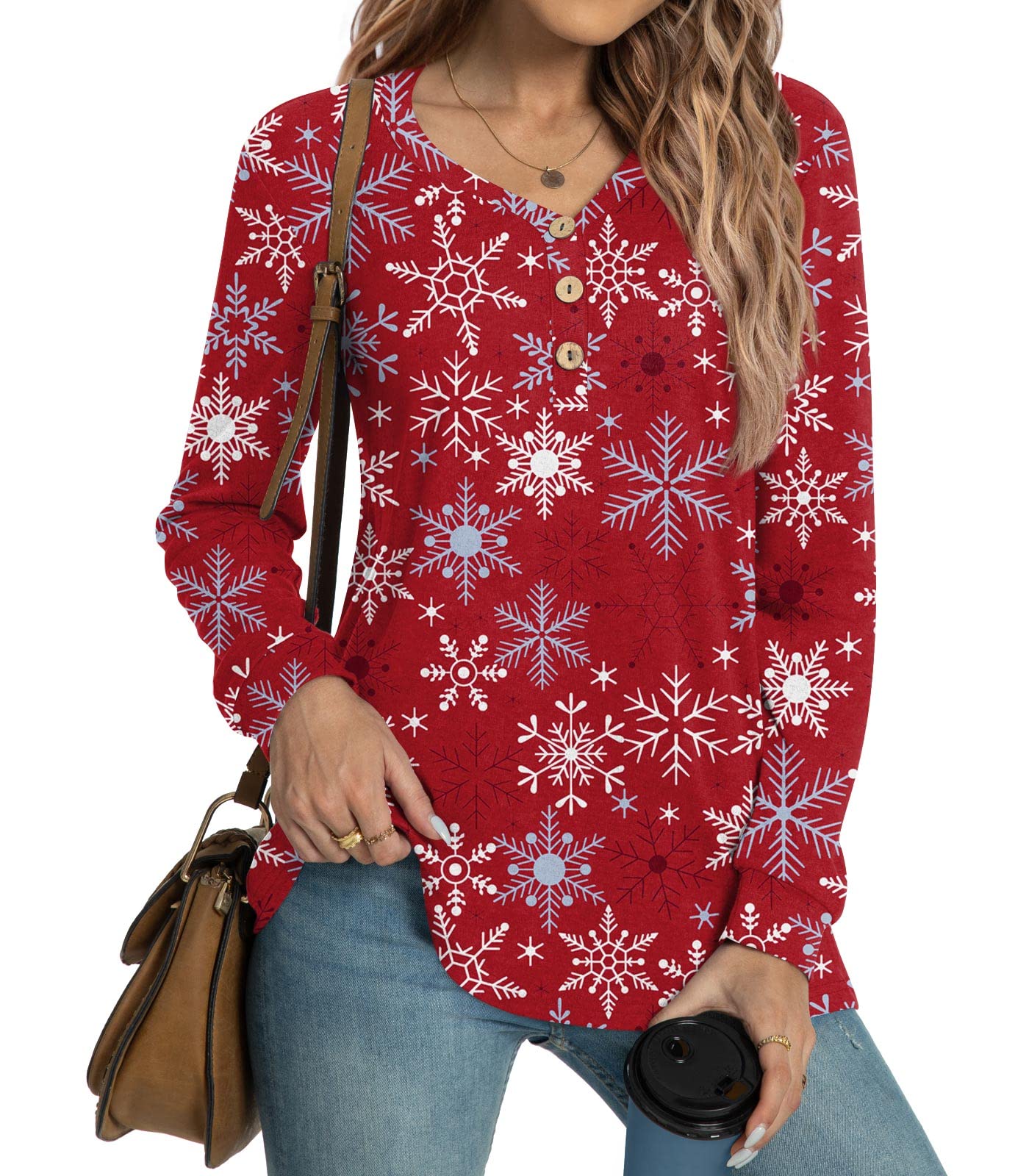 HOTGIFT Women Christmas Blouse Long Sleeve Tshirts Loose V-Neck Tunic Tops Snowflake-Red Large