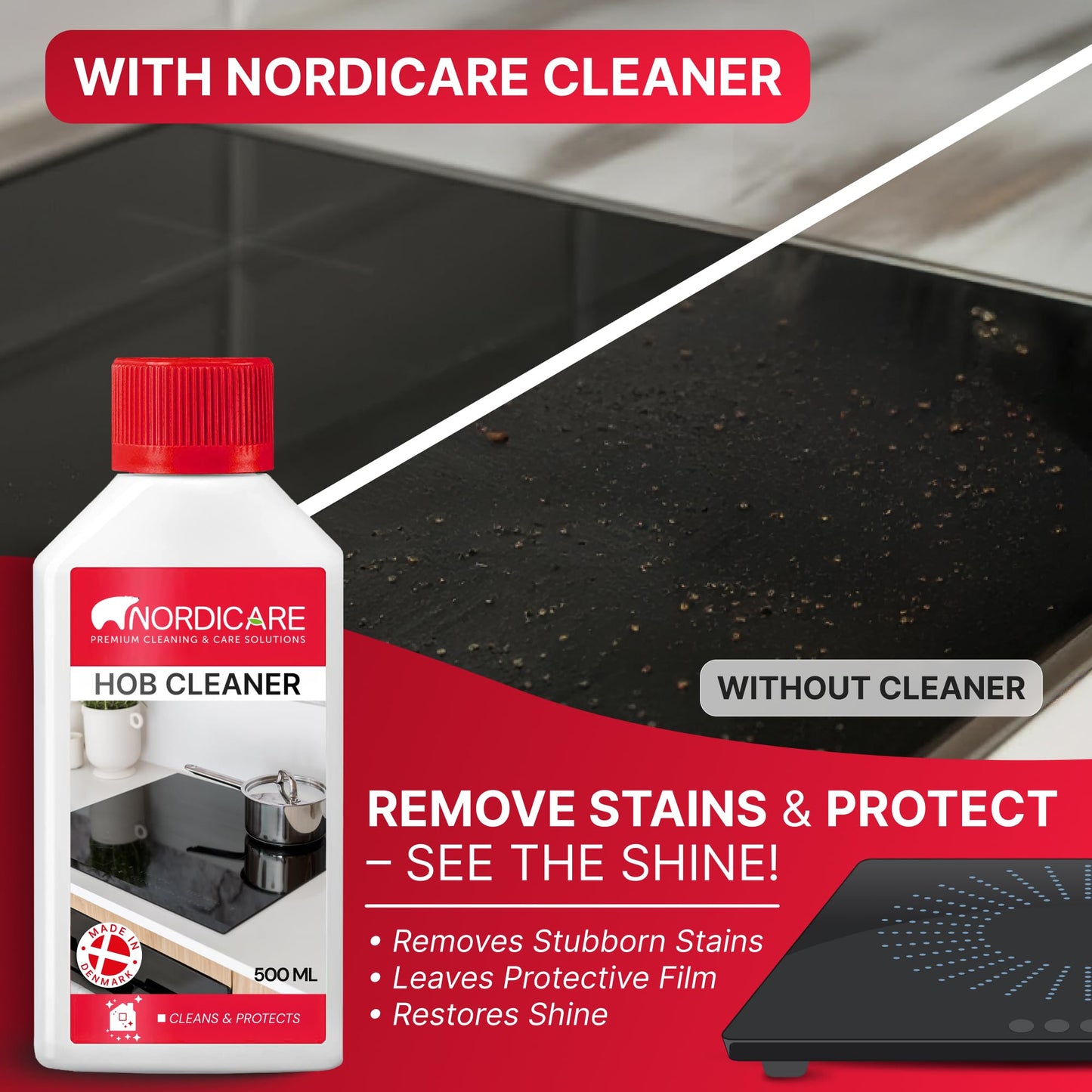 Nordicare Hob Cleaner Glass Ceramic - Induction Stove Top Cleaner Polish and Protector for Everyday Use - Made in Denmark (500ml)