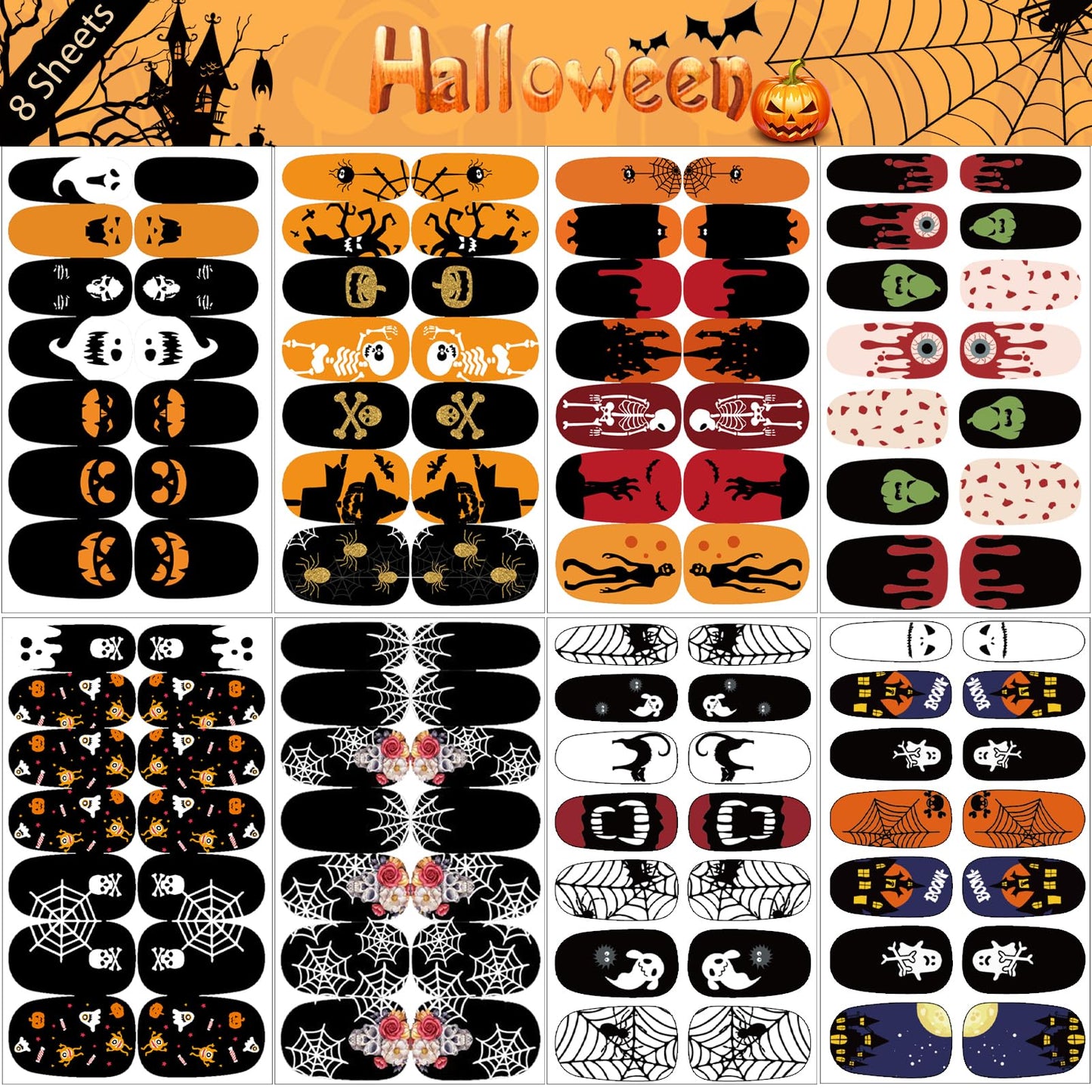 16 Sheets Holiday Nail Wraps Stickers, Halloween&Thanksgiving Day All Seasonal Full Nail Polish Strips, DIY Self-Adhesive Fall Winter Nail Art Decals with 2 Piece Nail Files for Party Decor (224 Pcs)