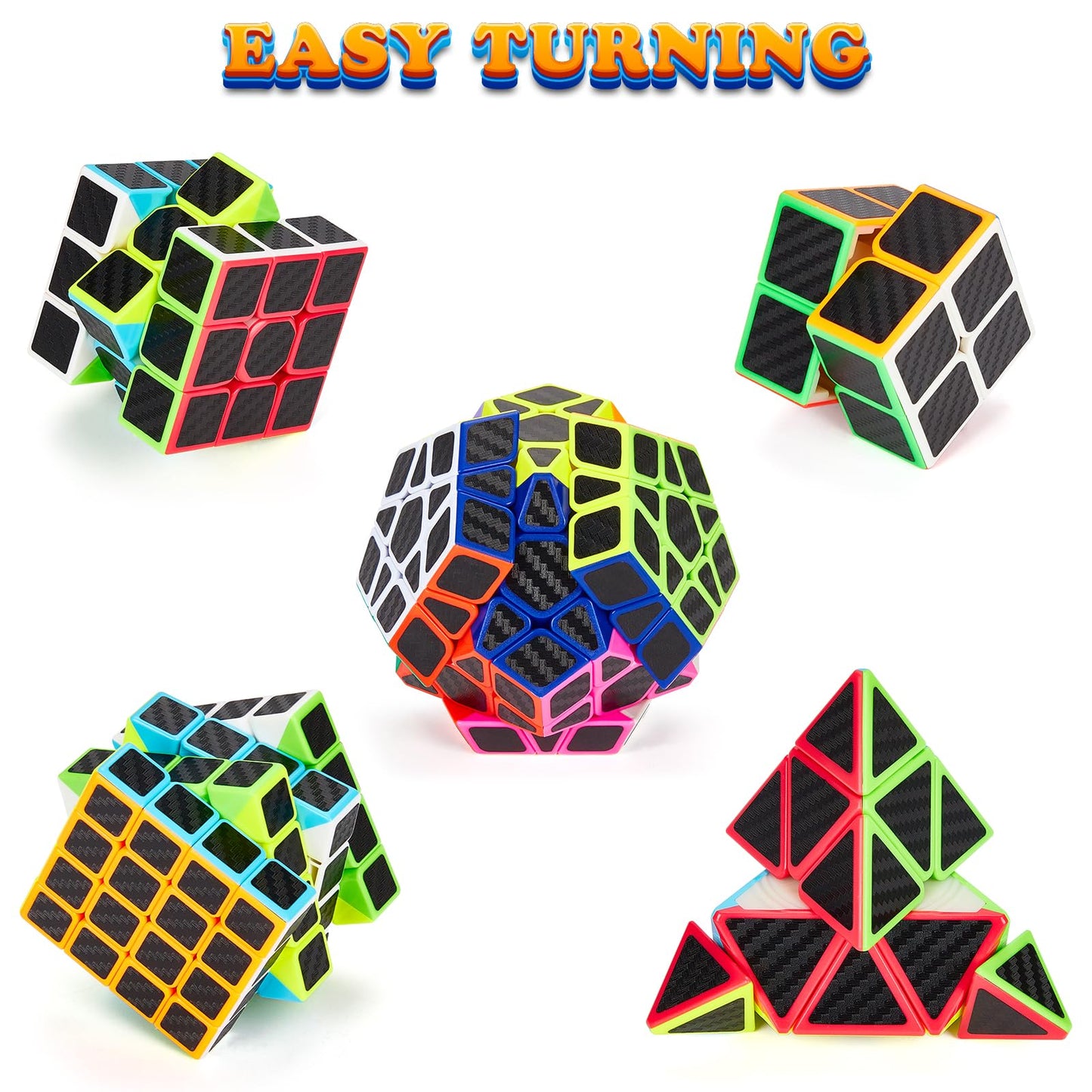 Coolzon Speed Cube Set 5 Pack Magic Puzzle Cubes Pyraminx Pyramid + Megaminx + 2x2x2 + 3x3x3 + 4x4x4 Cube Toys with Carbon Fiber Sticker for Kids Adults