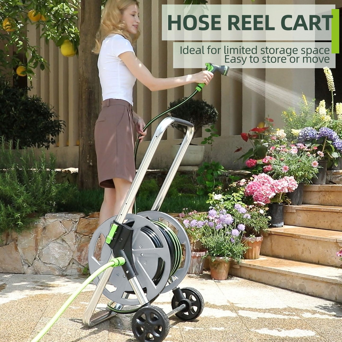 Garden Hose Reel Cart, Holds 75-150 Feet of 5/8-Inch Hose, Portable Hose Reel Cart With Wheels,Adjustable Handrail, Quick Hose Connector